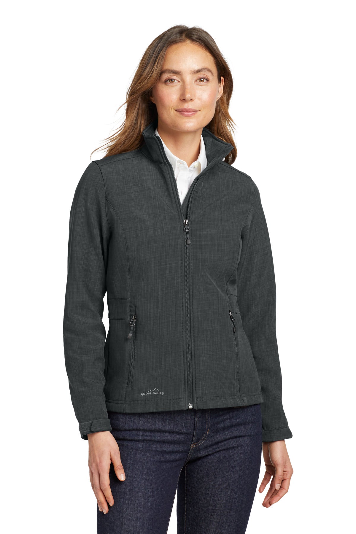 Front View of Grey Eddie Bauer Women's Shaded Crosshatch Soft Shell Jacket. EB533