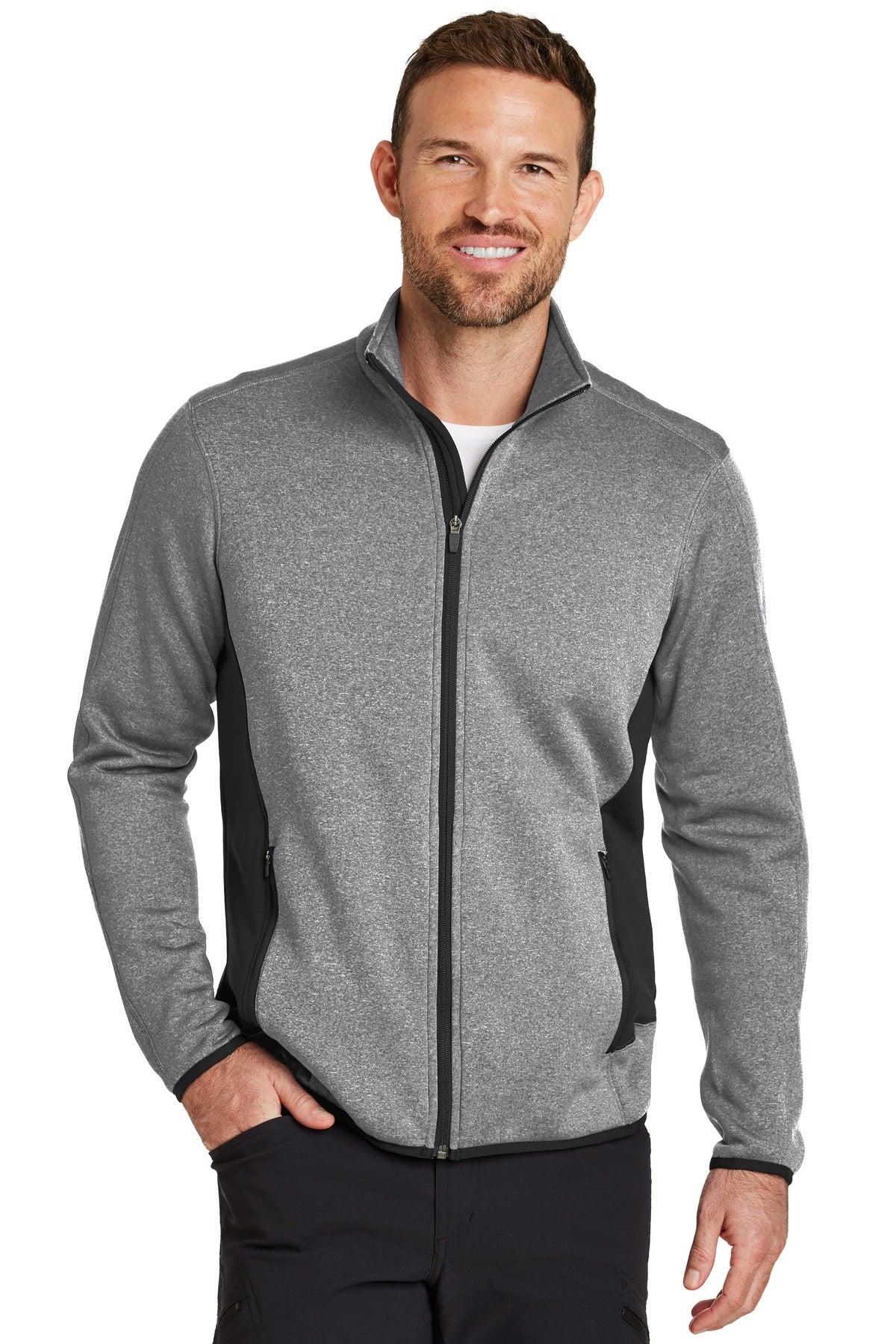 Front View of Grey Heather Eddie Bauer Full-Zip Heather Stretch Fleece Jacket. EB238