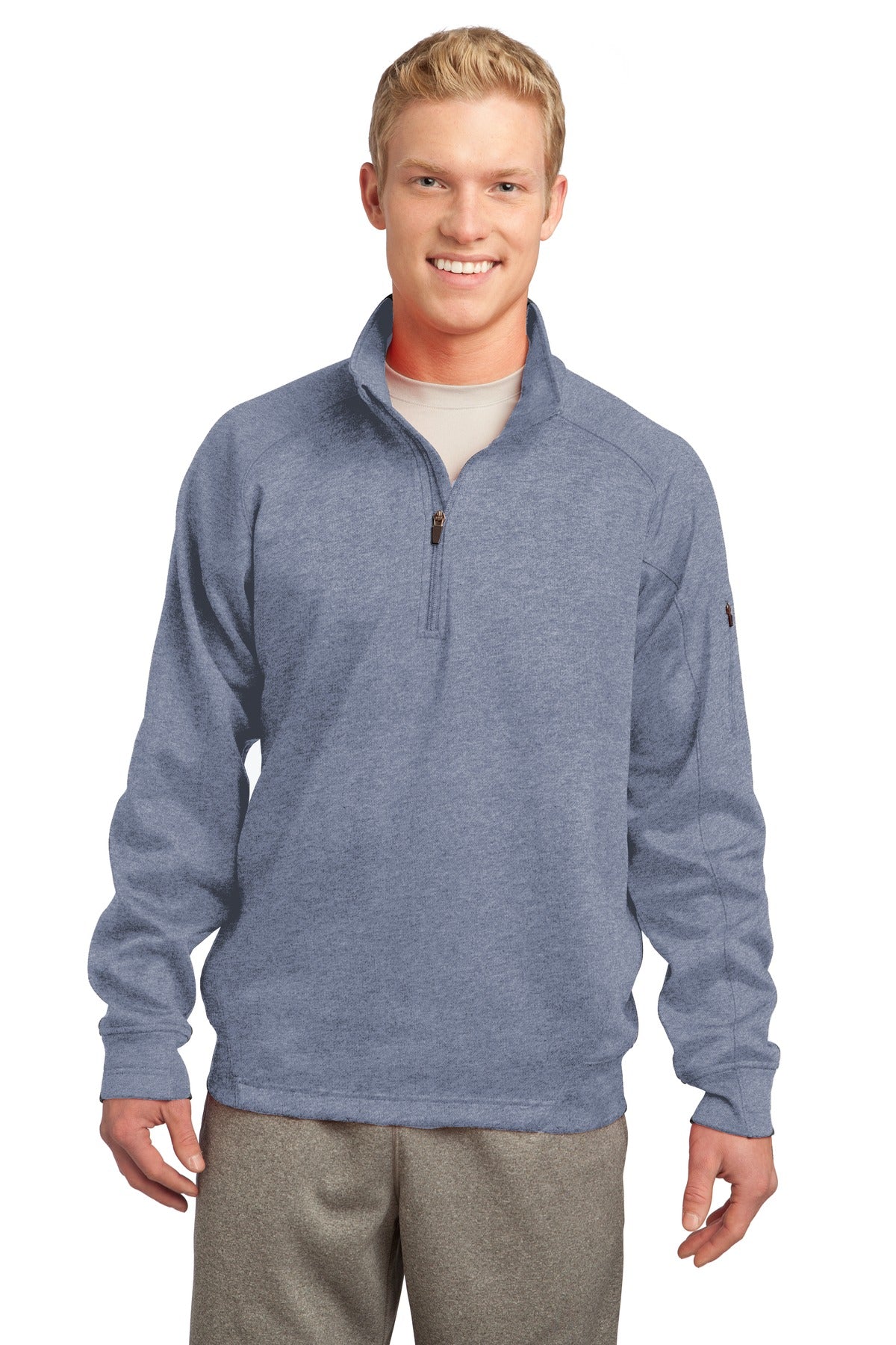 Front View of Grey Heather Sport-Tek Tech Fleece 1/4-Zip Pullover. F247