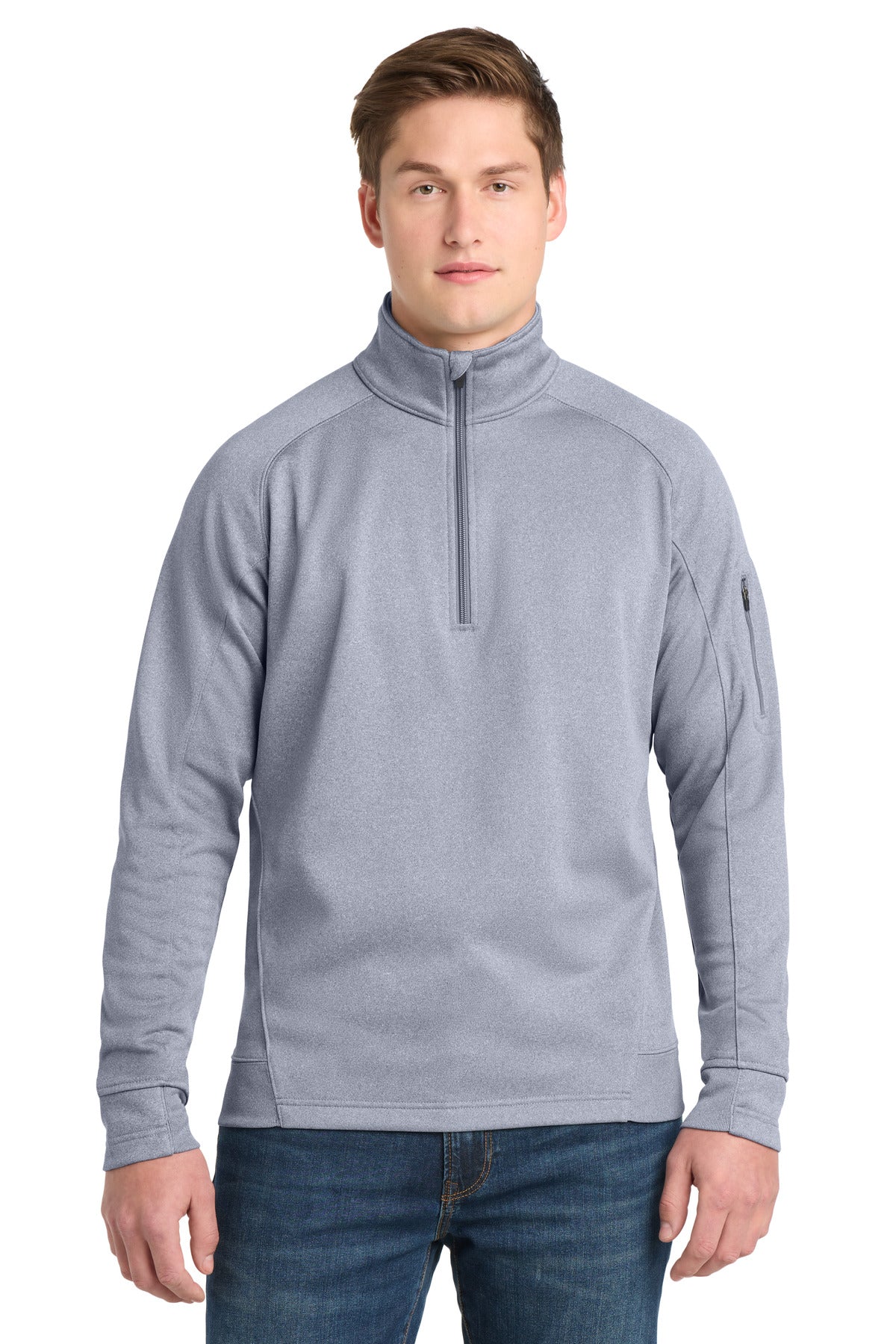 Front View of Grey Heather Sport-Tek Tech Fleece 1/4-Zip Pullover. F247