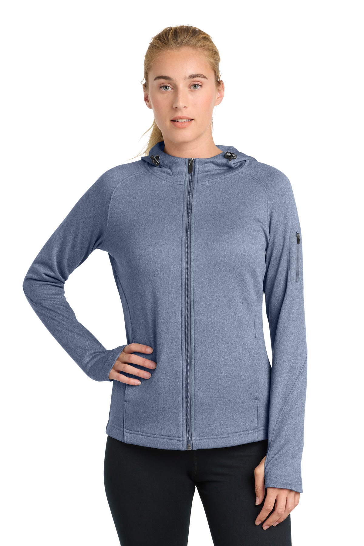 Front View of Grey Heather Sport-Tek Women's Tech Fleece Full-Zip Hooded Jacket. L248