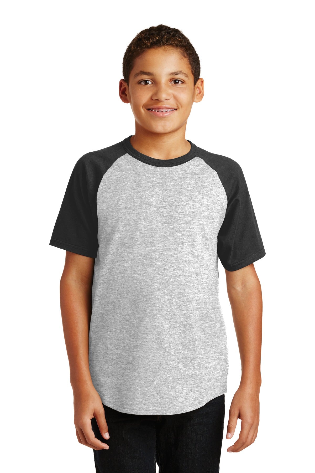Front View of Grey He/Black Sport-Tek Youth Short Sleeve Colorblock Raglan Jersey. YT201