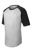Front View of Grey He/Black Sport-Tek Youth Short Sleeve Colorblock Raglan Jersey. YT201
