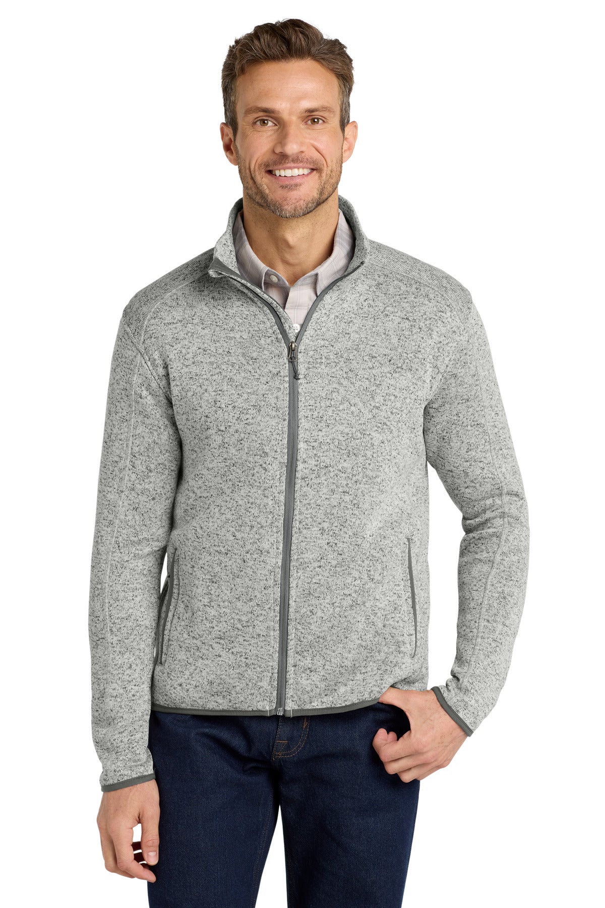 Front View of Grey Hthr Port Authority Sweater Fleece Jacket. F232