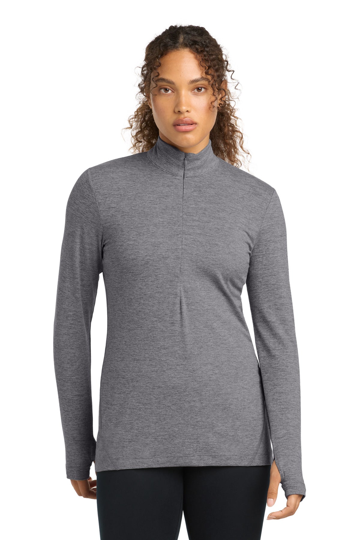 Front View of Grey Hthr Sport-Tek Women's Exchange 1.5 Long Sleeve 1/2-Zip LST711