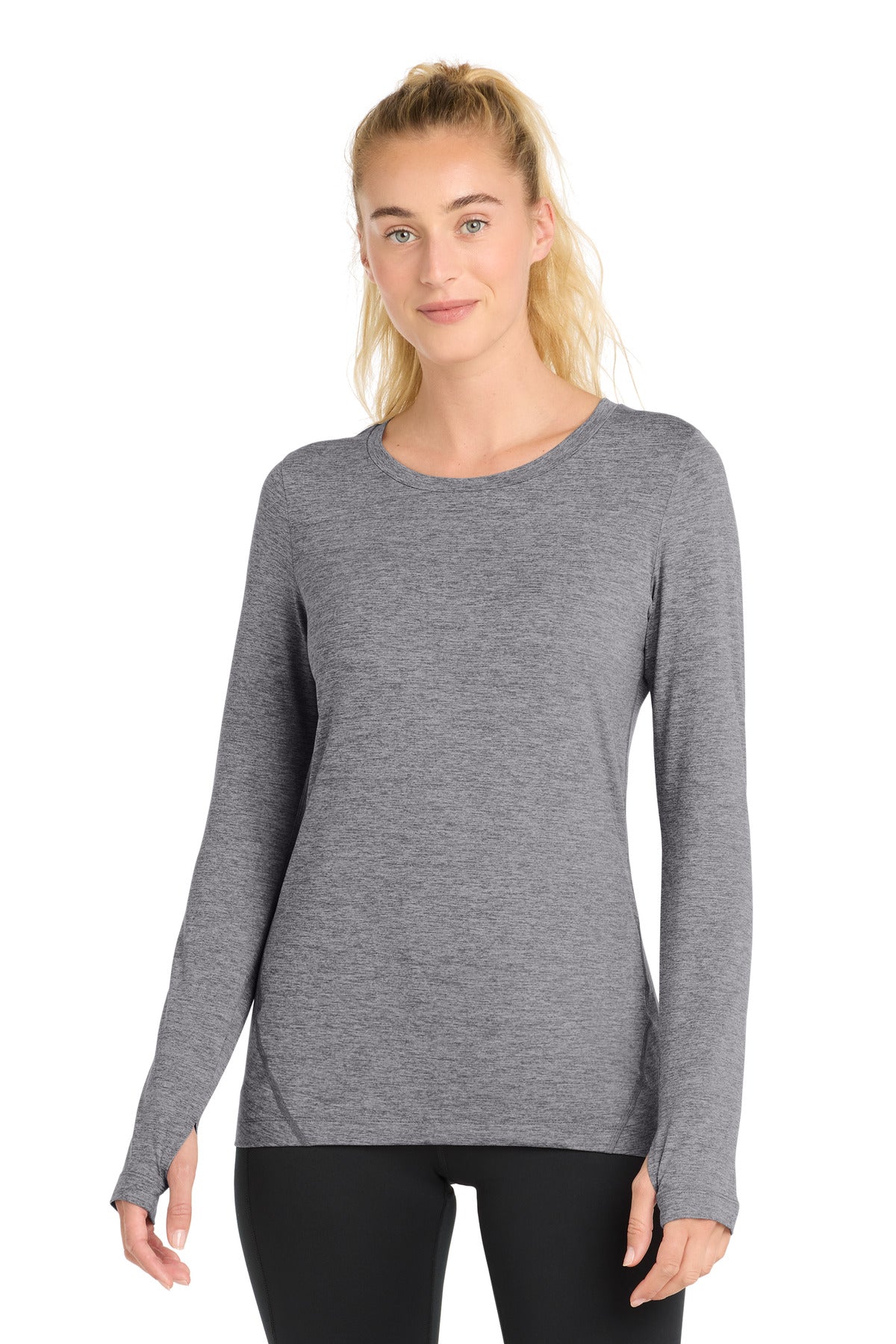 Front View of Grey Hthr Sport-Tek Women's Exchange 1.5 Long Sleeve Crew LST710