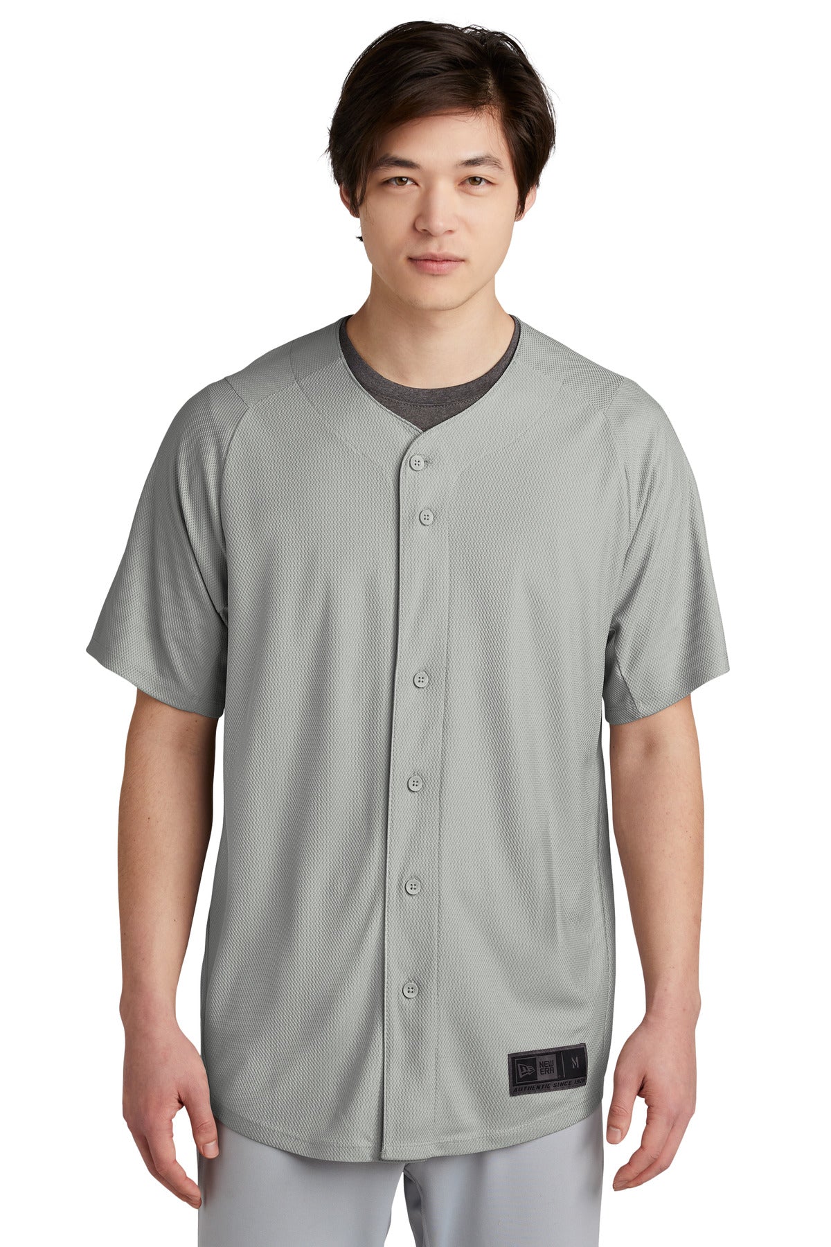 Front View of Grey New Era Diamond Era Full-Button Jersey. NEA220