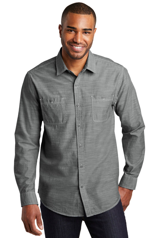 Front View of Grey Port Authority Slub Chambray Shirt. W380
