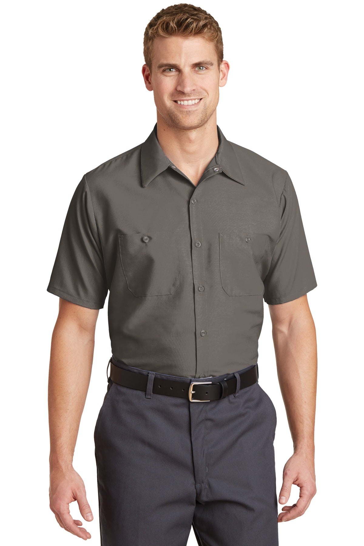 Front View of Grey Red Kap Long Size, Short Sleeve Industrial Work Shirt. SP24LONG
