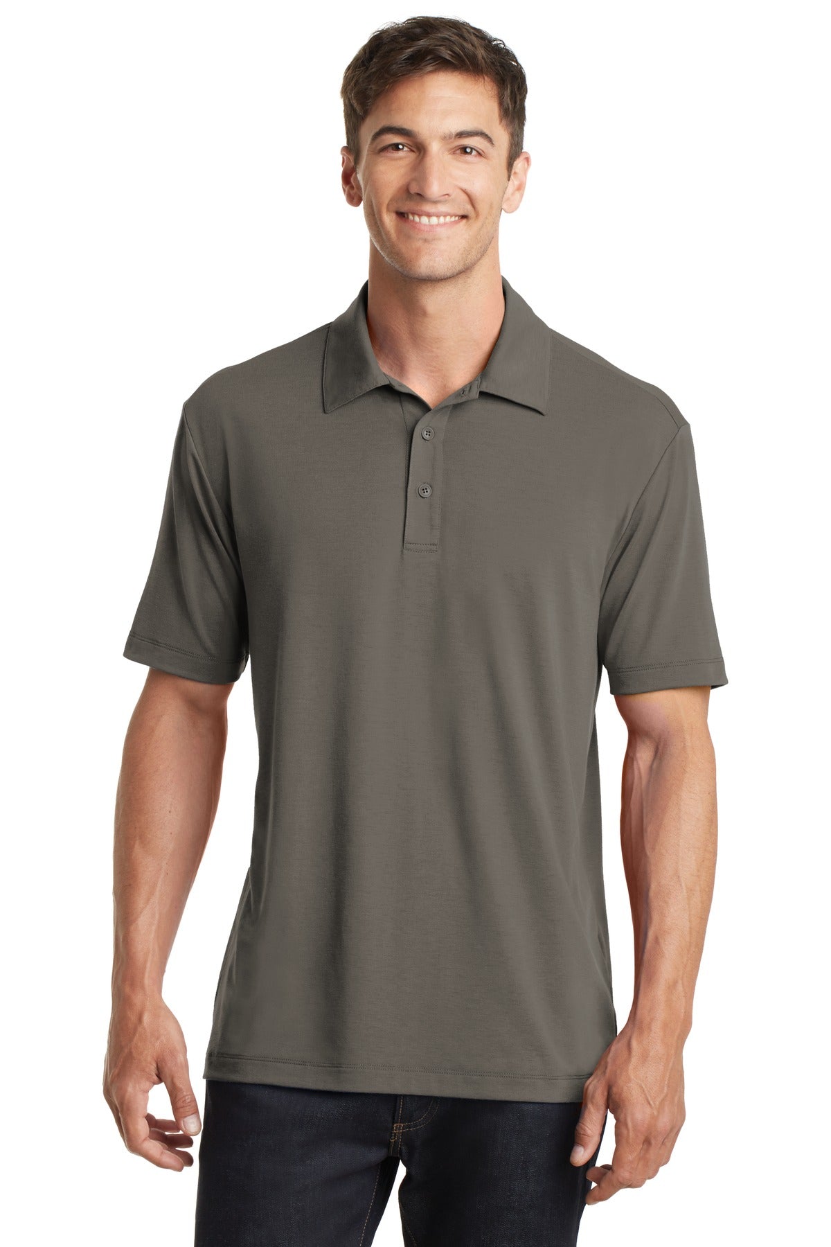 Front View of Grey Smoke Port Authority Cotton Touch Performance Polo. K568