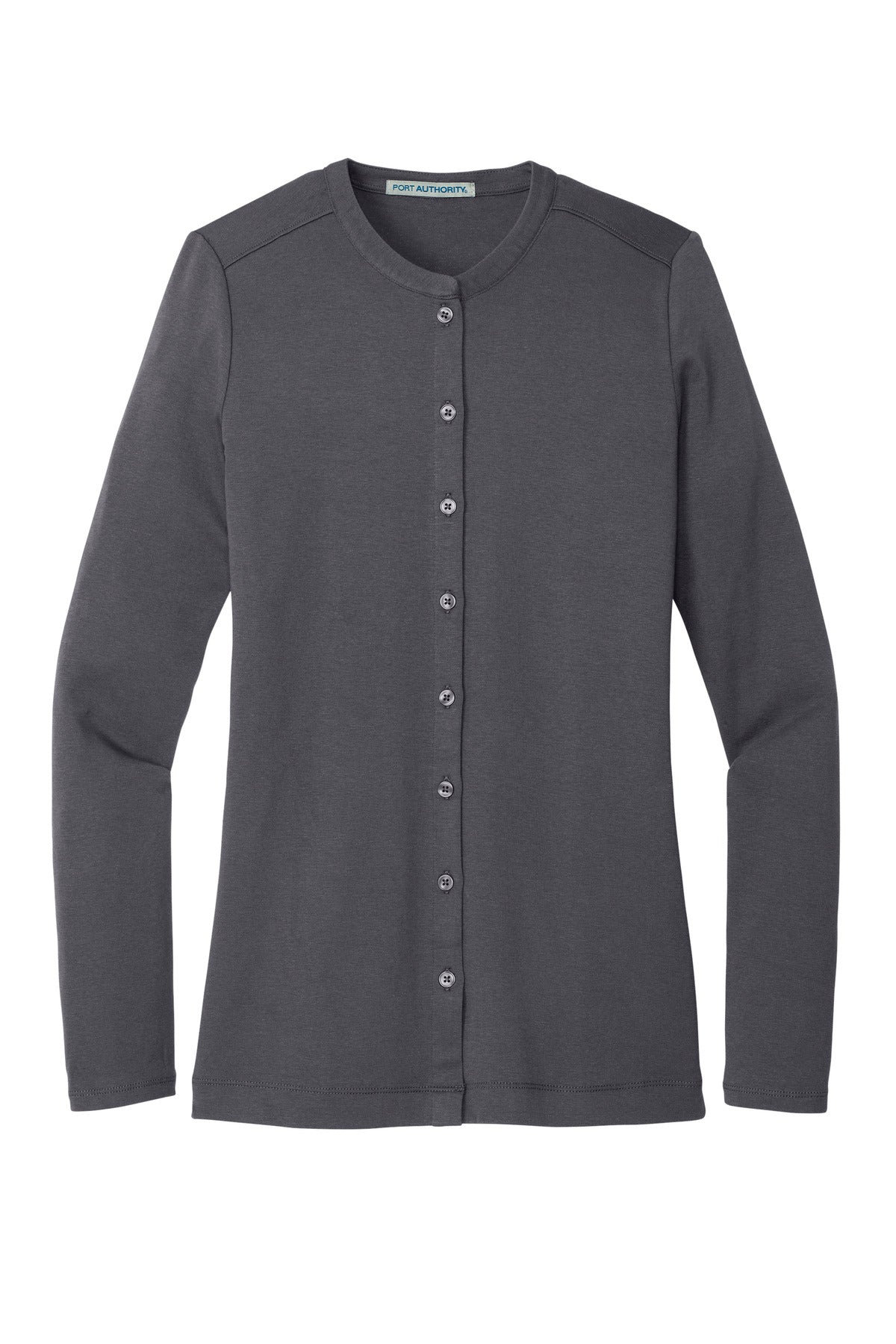 Front View of Grey Smoke Port Authority Women's Concept Stretch Button-Front Cardigan. LM1008