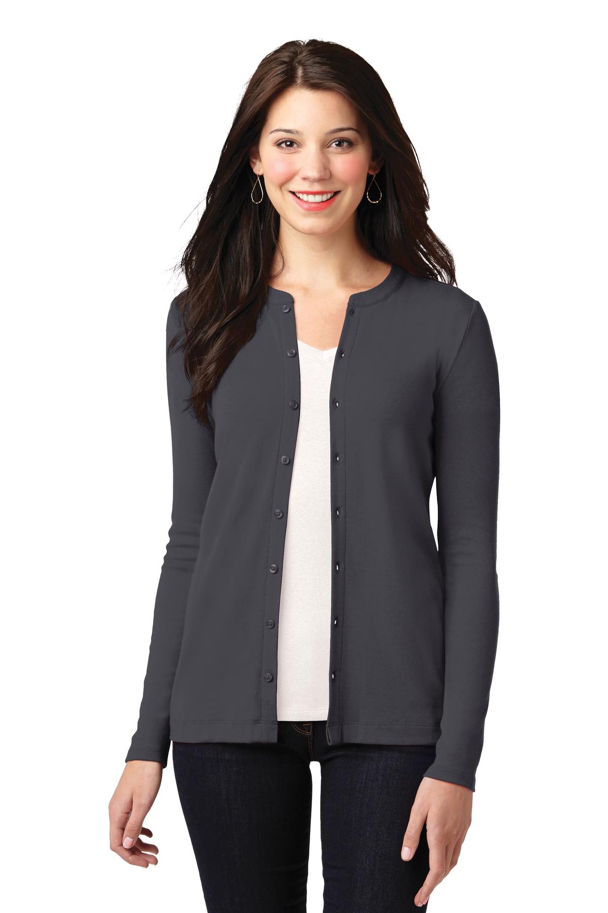Front View of Grey Smoke Port Authority Women's Concept Stretch Button-Front Cardigan. LM1008