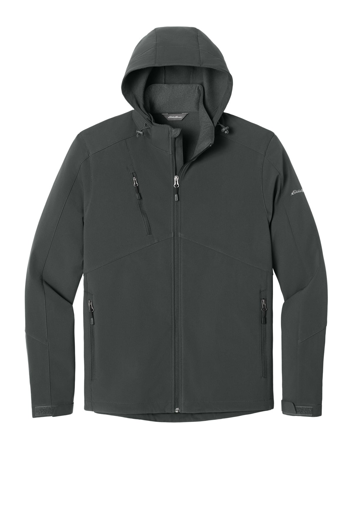 Front View of Grey Steel Eddie Bauer Hooded Soft Shell Parka. EB536
