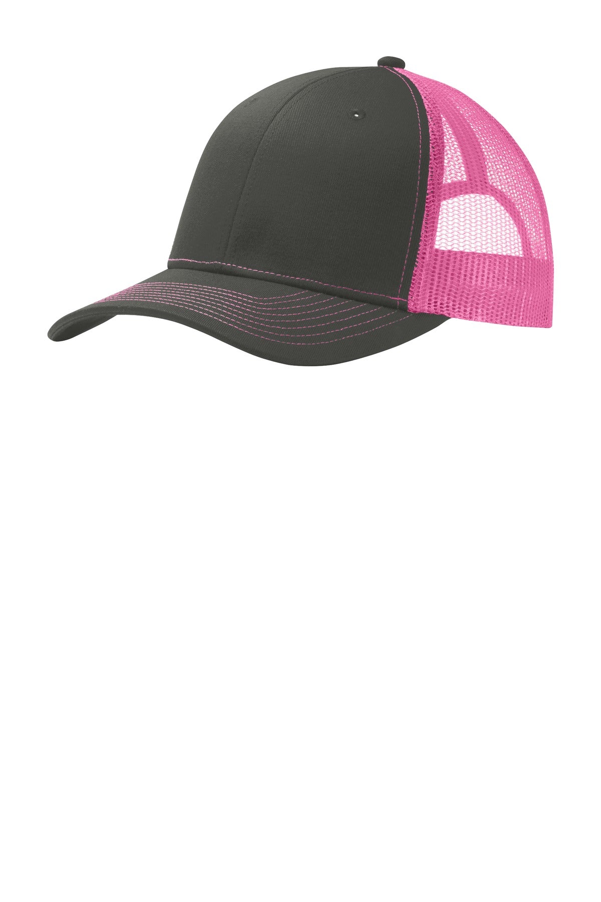 Front View of Grey Steel/NPk Port Authority Snapback Trucker Cap. C112