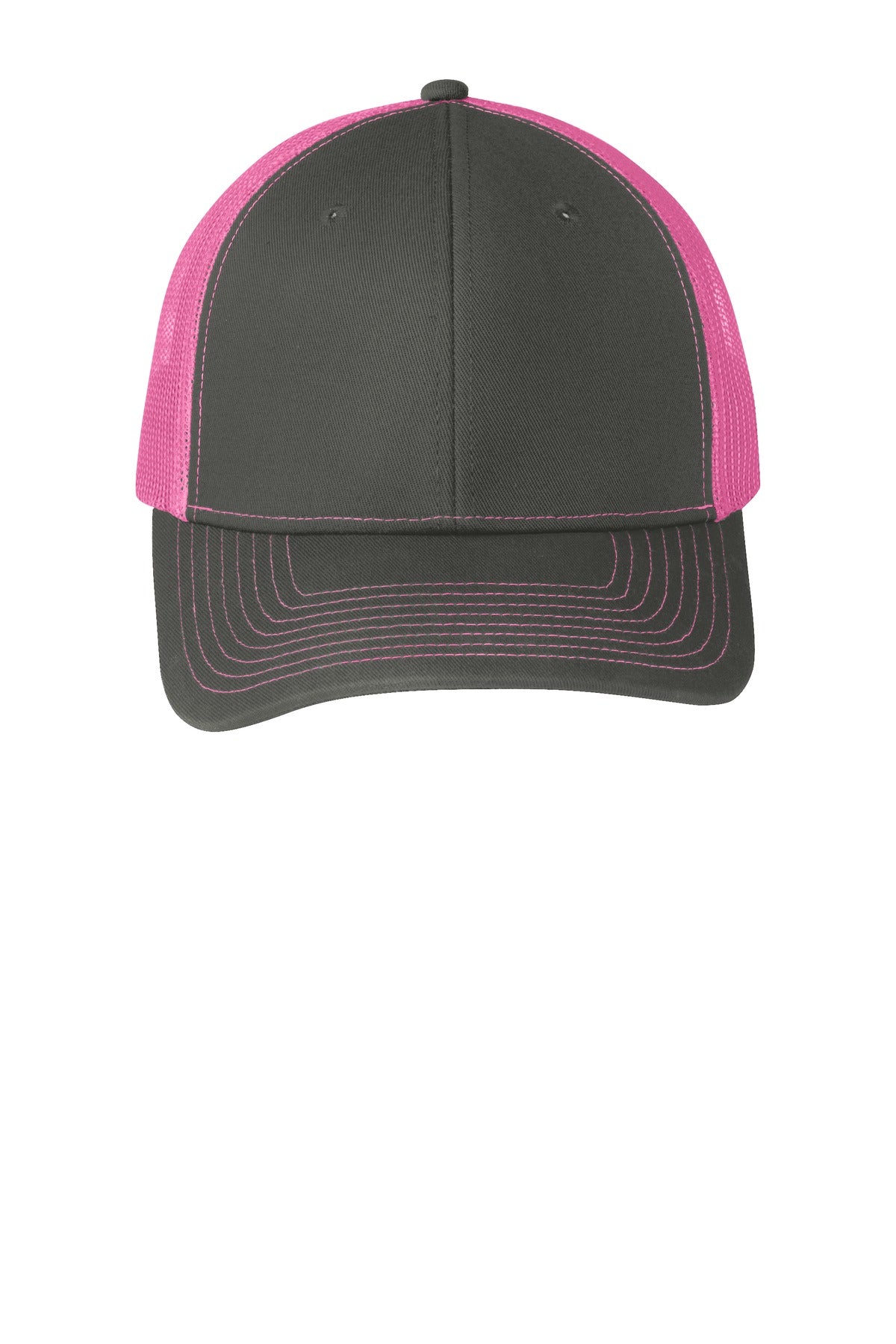 Front View of Grey Steel/NPk Port Authority Snapback Trucker Cap. C112