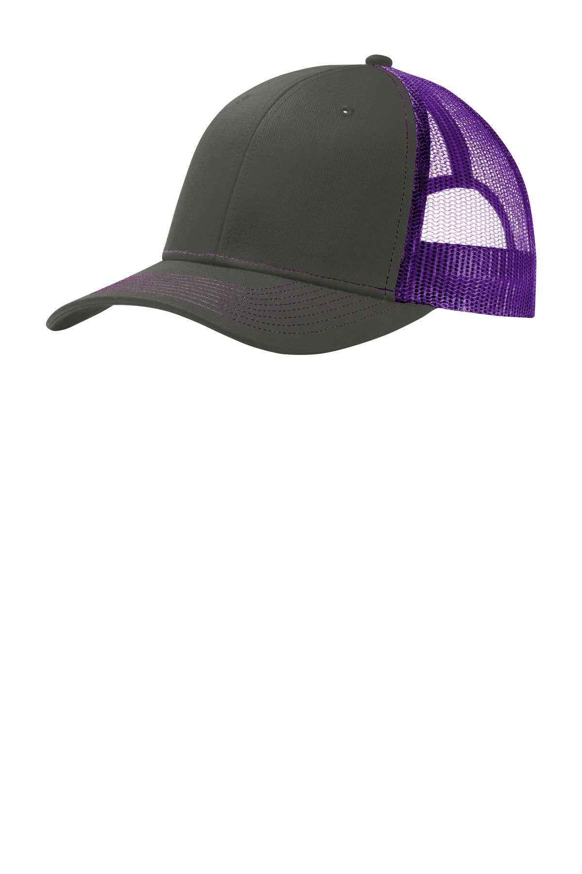 Front View of Grey Steel/Pur Port Authority Snapback Trucker Cap. C112