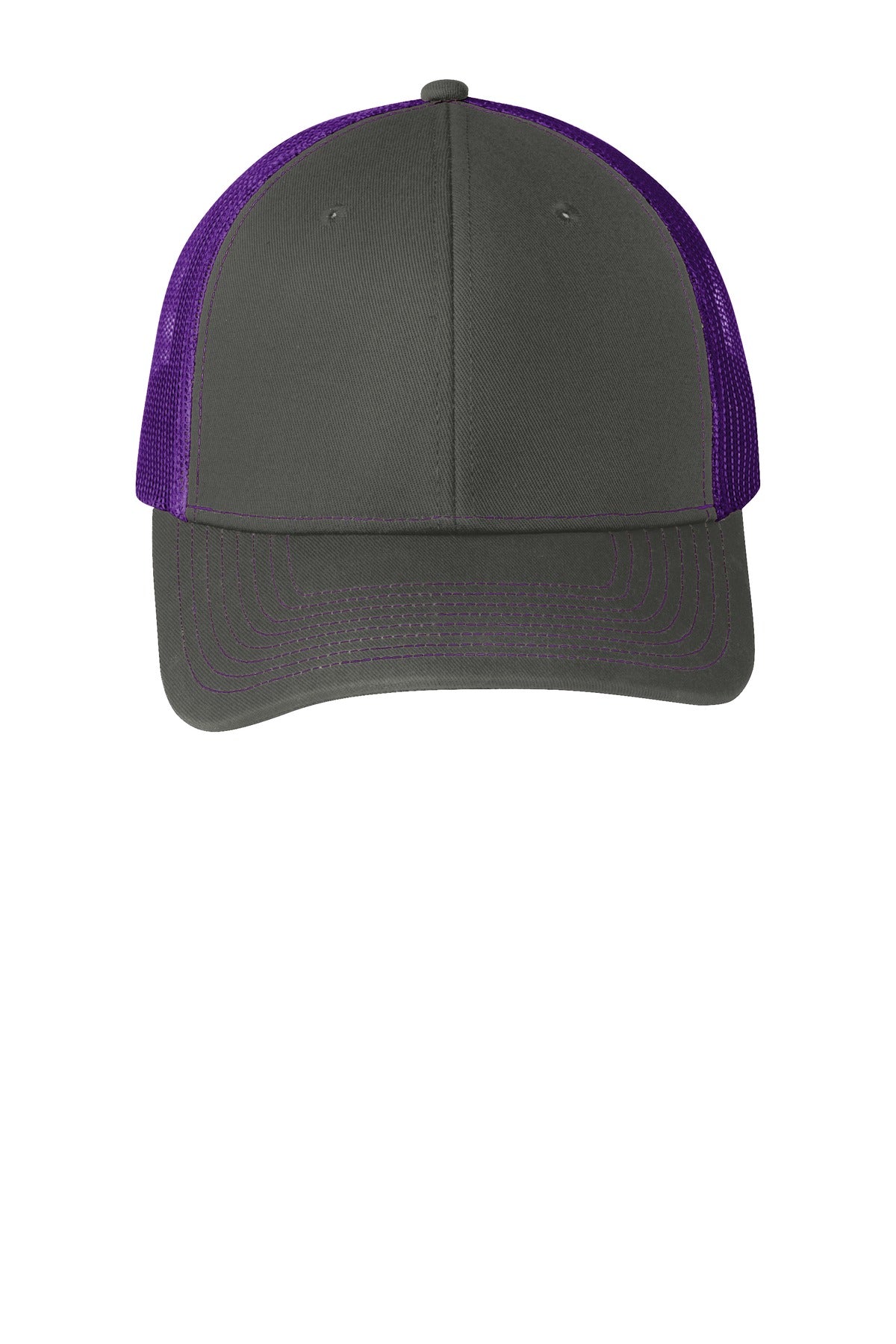 Front View of Grey Steel/Pur Port Authority Snapback Trucker Cap. C112