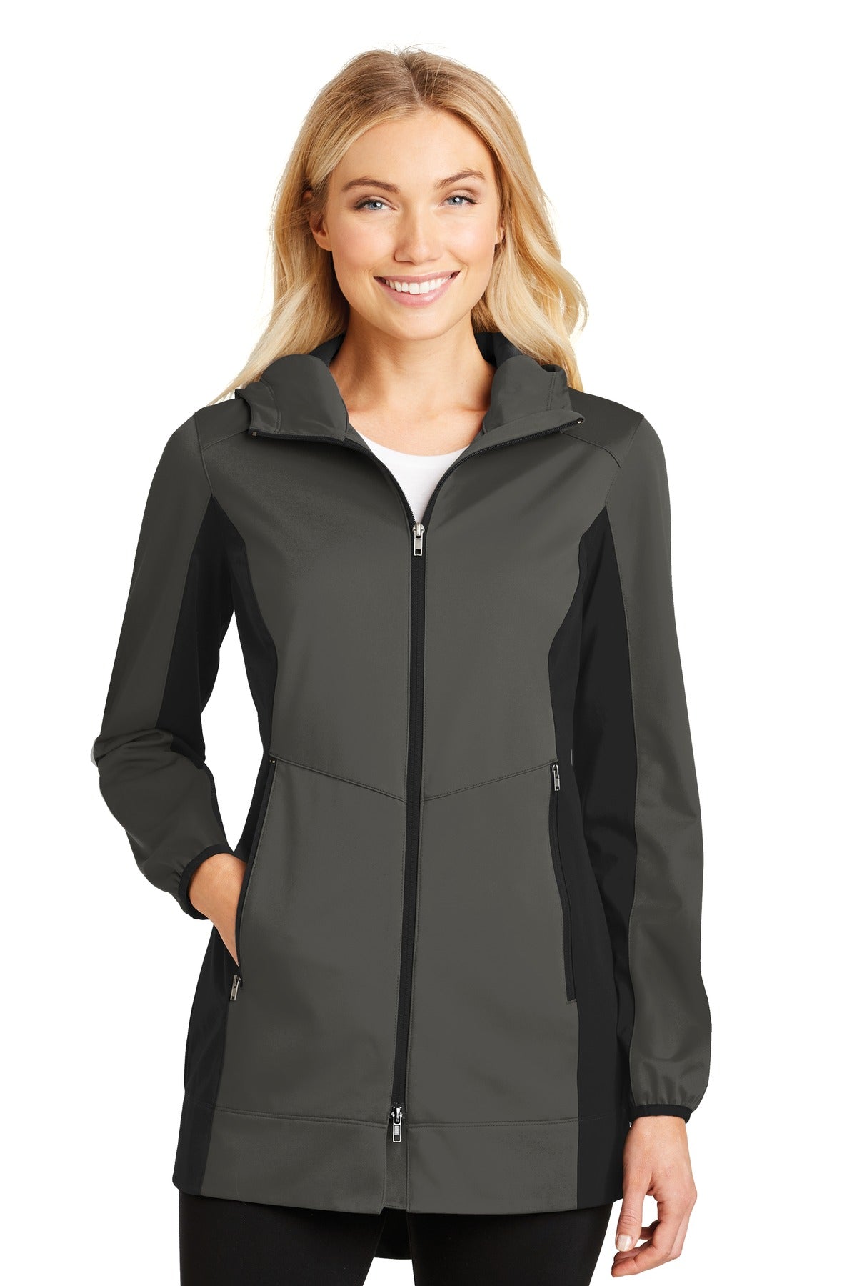 Front View of Grey Stl/Dp Bk Port Authority Women's Active Hooded Soft Shell Jacket. L719