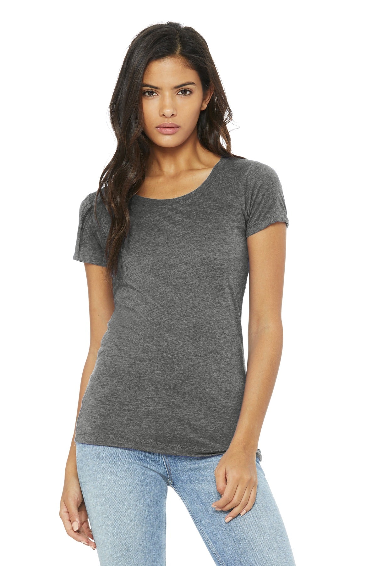 Front View of Grey TB BELLA+CANVAS Women's Triblend Short Sleeve Tee. BC8413