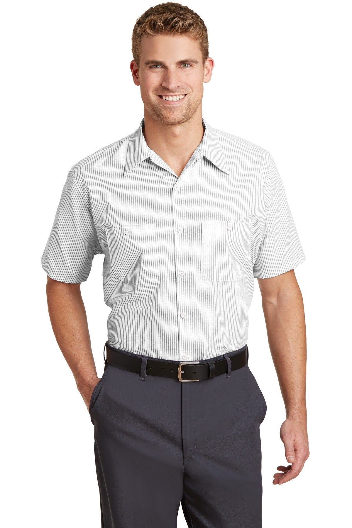 Front View of Grey/White Red Kap Short Sleeve Striped Industrial Work Shirt. CS20