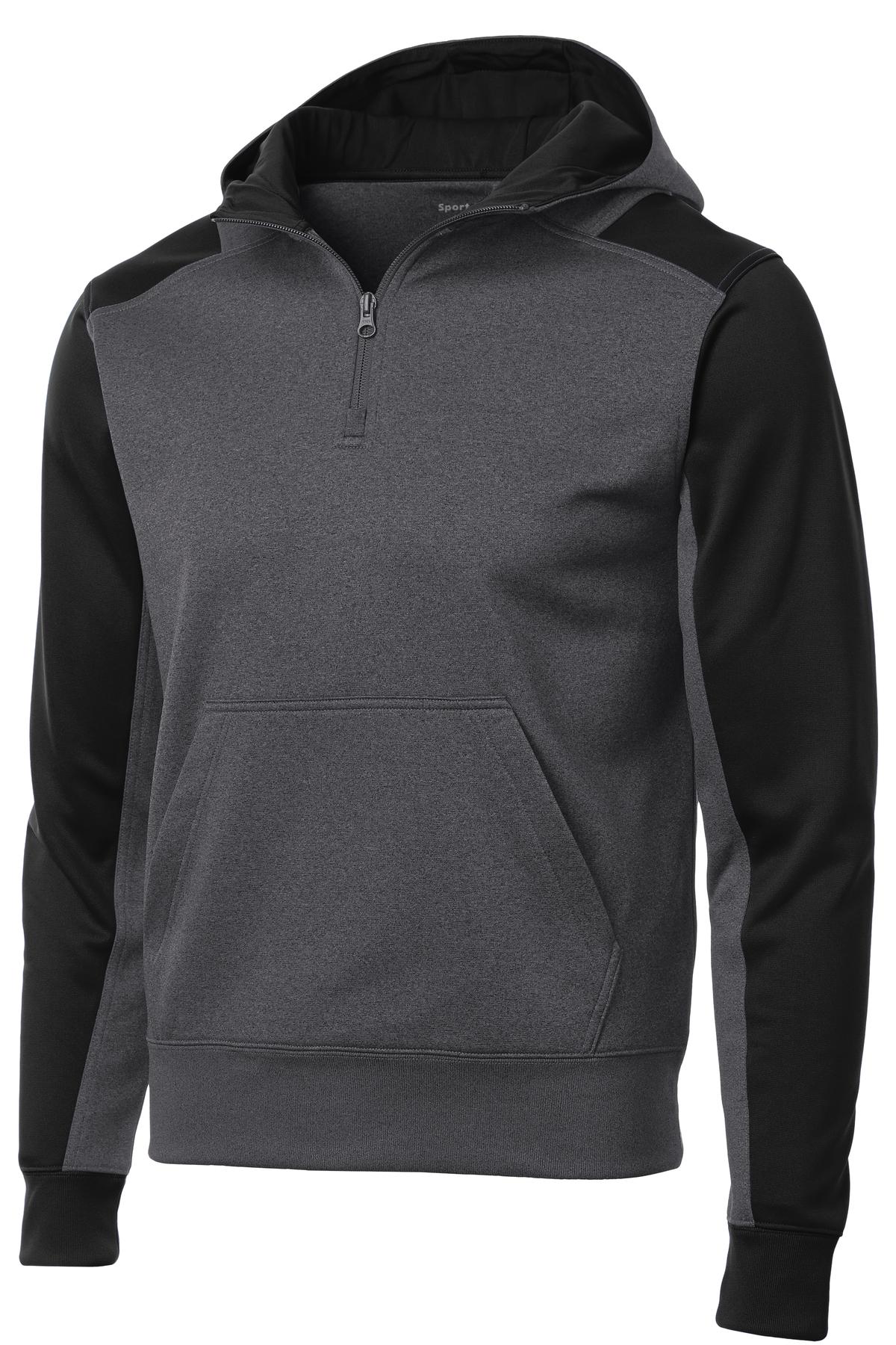 Front View of Grph Hea/Black Sport-Tek Tech Fleece Colorblock 1/4-Zip Hooded Sweatshirt. ST249