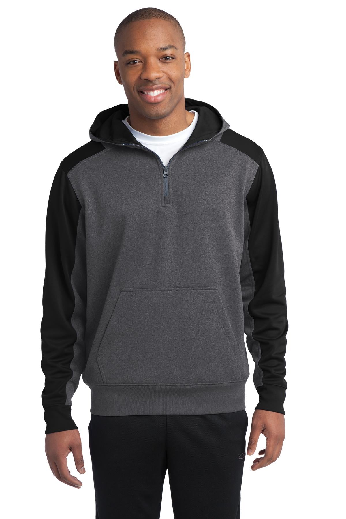 Front View of Grph Hea/Black Sport-Tek Tech Fleece Colorblock 1/4-Zip Hooded Sweatshirt. ST249