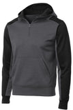Front View of Grph Hea/Black Sport-Tek Tech Fleece Colorblock 1/4-Zip Hooded Sweatshirt. ST249