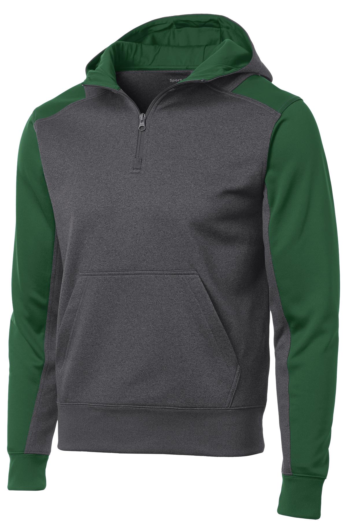 Front View of Grph Hea/FoGrn Sport-Tek Tech Fleece Colorblock 1/4-Zip Hooded Sweatshirt. ST249