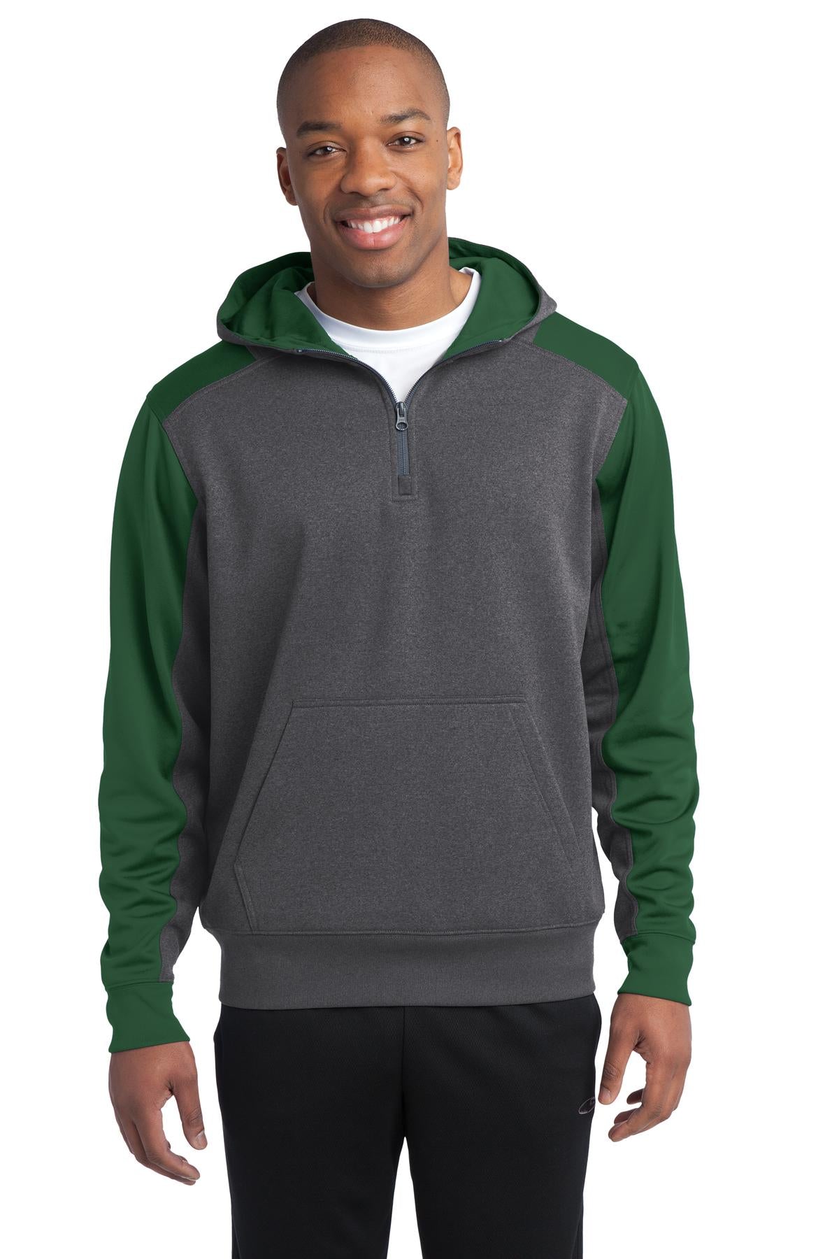 Front View of Grph Hea/FoGrn Sport-Tek Tech Fleece Colorblock 1/4-Zip Hooded Sweatshirt. ST249