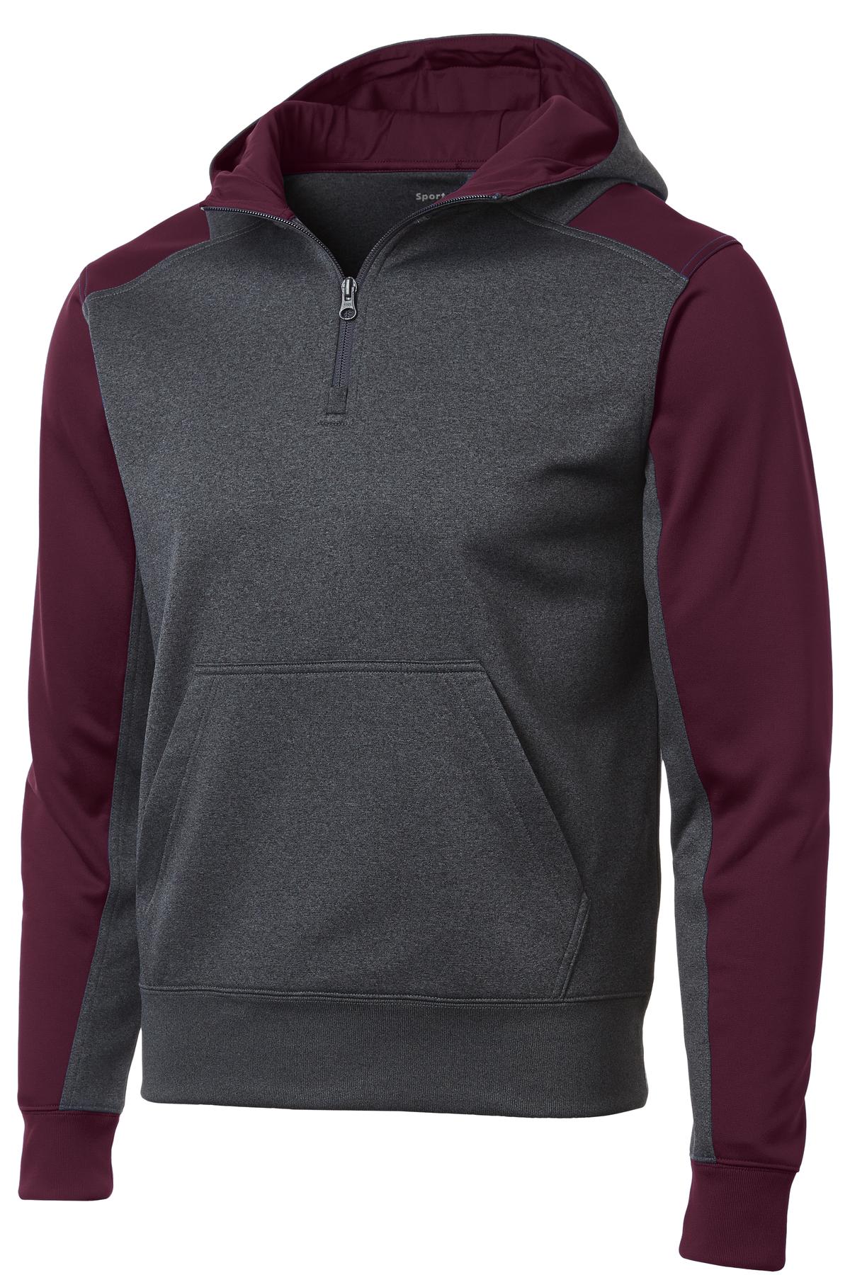 Front View of Grph Hea/Mroon Sport-Tek Tech Fleece Colorblock 1/4-Zip Hooded Sweatshirt. ST249