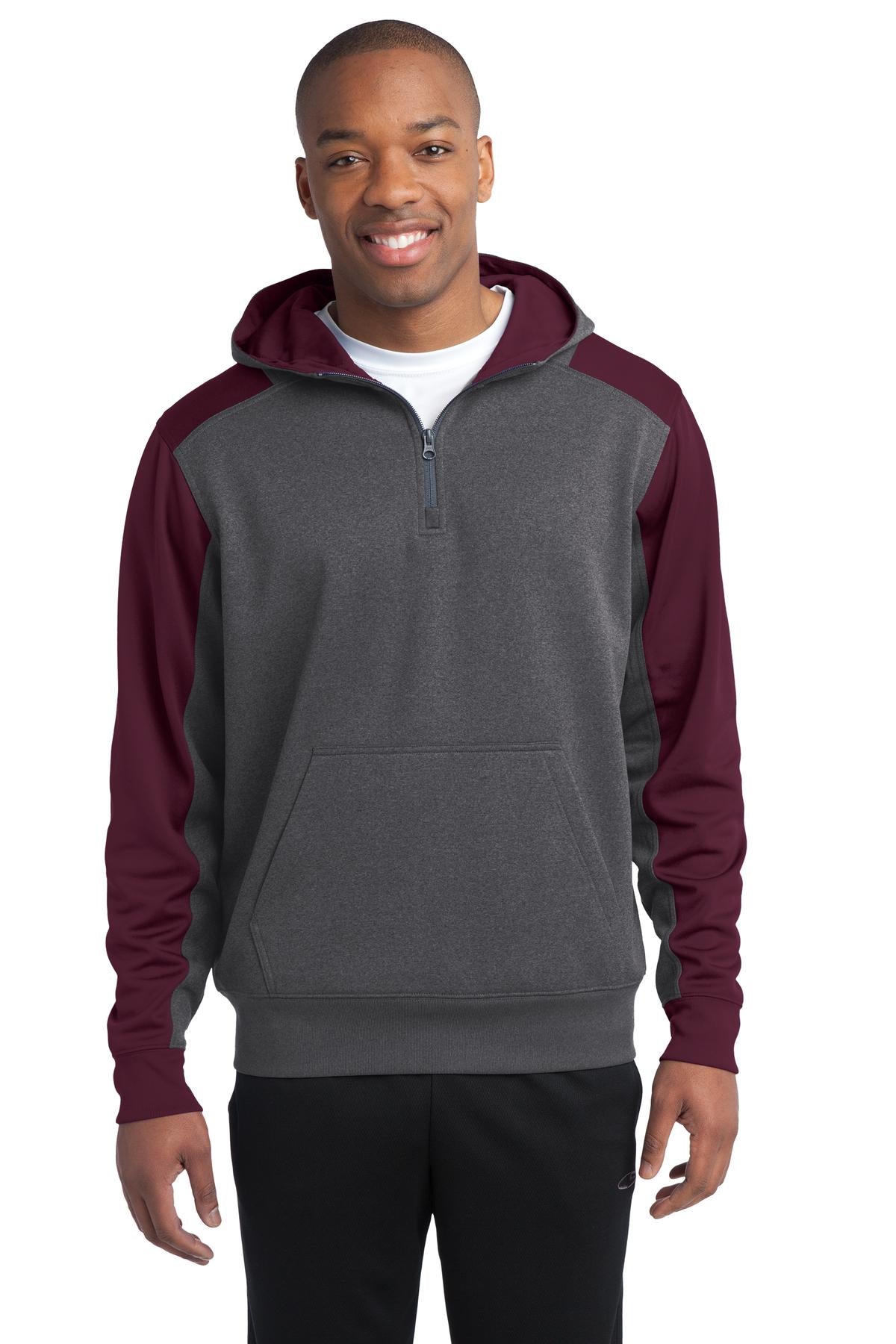 Front View of Grph Hea/Mroon Sport-Tek Tech Fleece Colorblock 1/4-Zip Hooded Sweatshirt. ST249