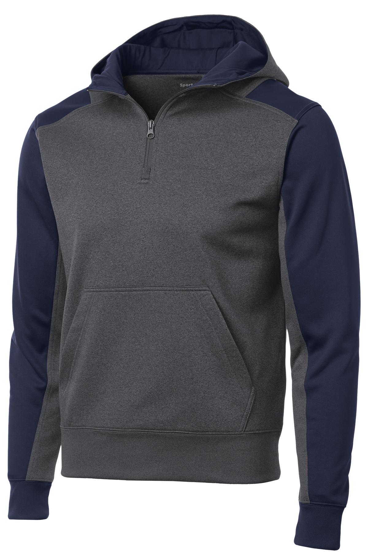 Front View of Grph Hea/TrNvy Sport-Tek Tech Fleece Colorblock 1/4-Zip Hooded Sweatshirt. ST249
