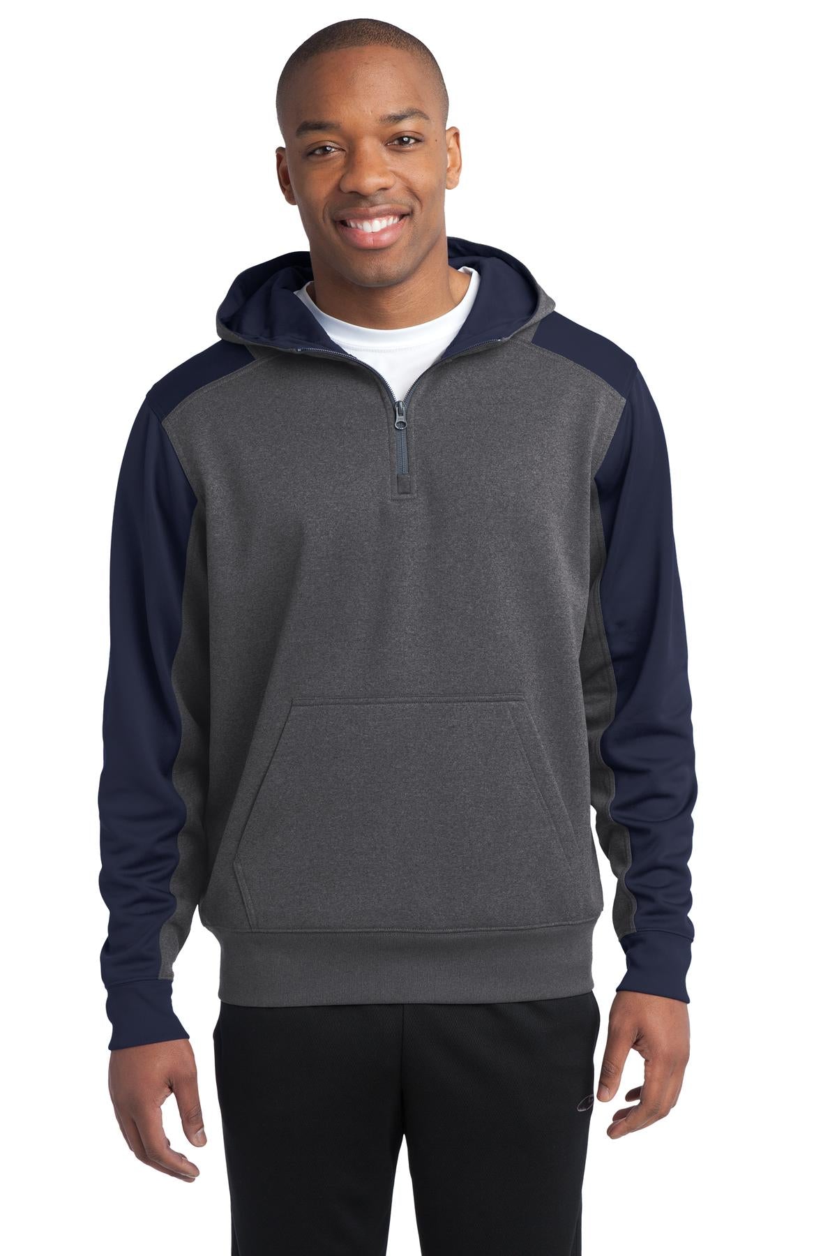 Front View of Grph Hea/TrNvy Sport-Tek Tech Fleece Colorblock 1/4-Zip Hooded Sweatshirt. ST249