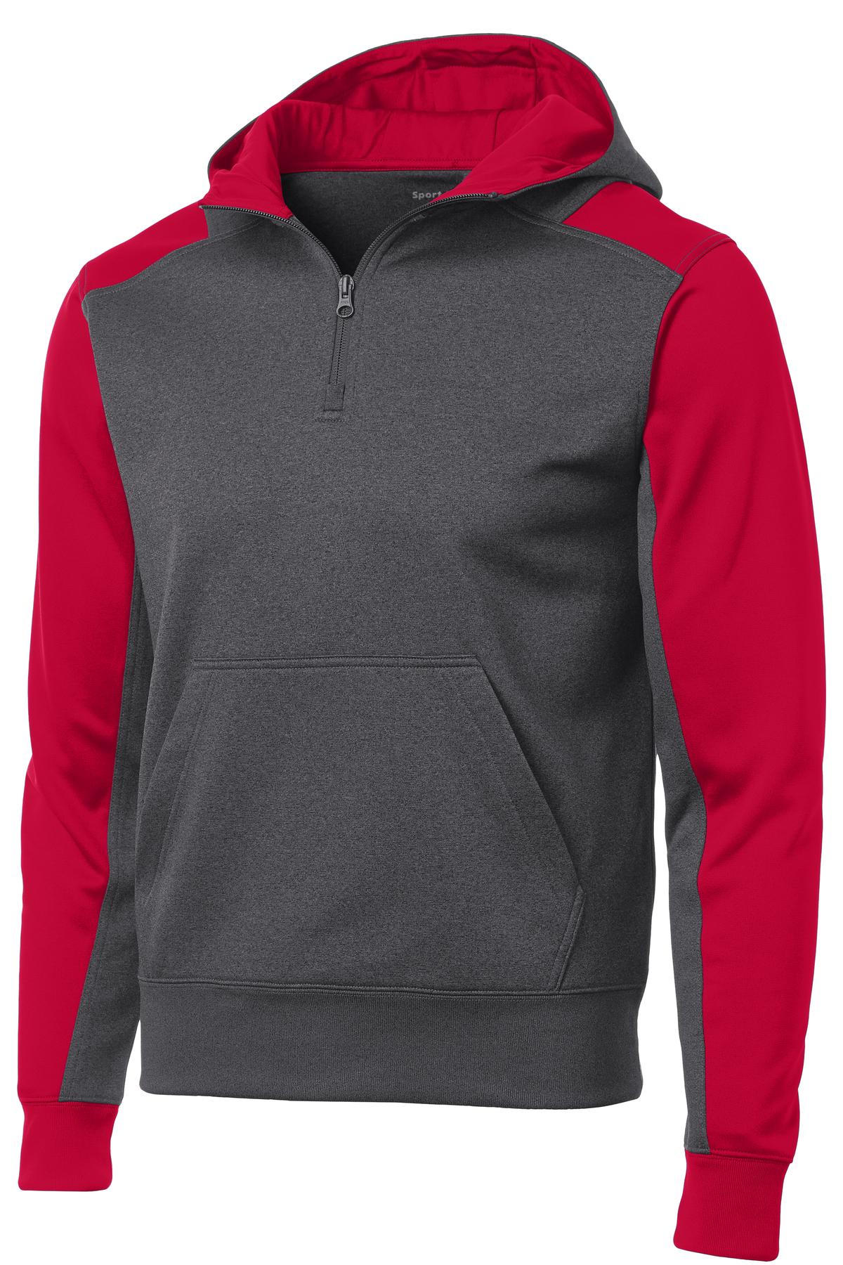Front View of Grph Hea/TrRed Sport-Tek Tech Fleece Colorblock 1/4-Zip Hooded Sweatshirt. ST249
