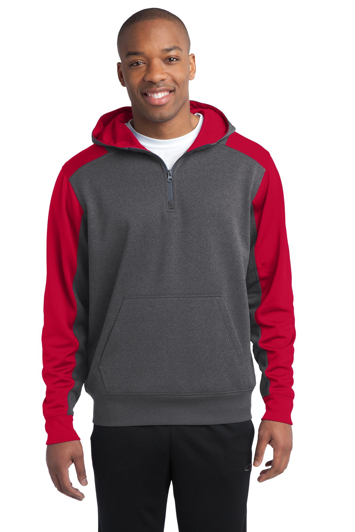 Front View of Grph Hea/TrRed Sport-Tek Tech Fleece Colorblock 1/4-Zip Hooded Sweatshirt. ST249