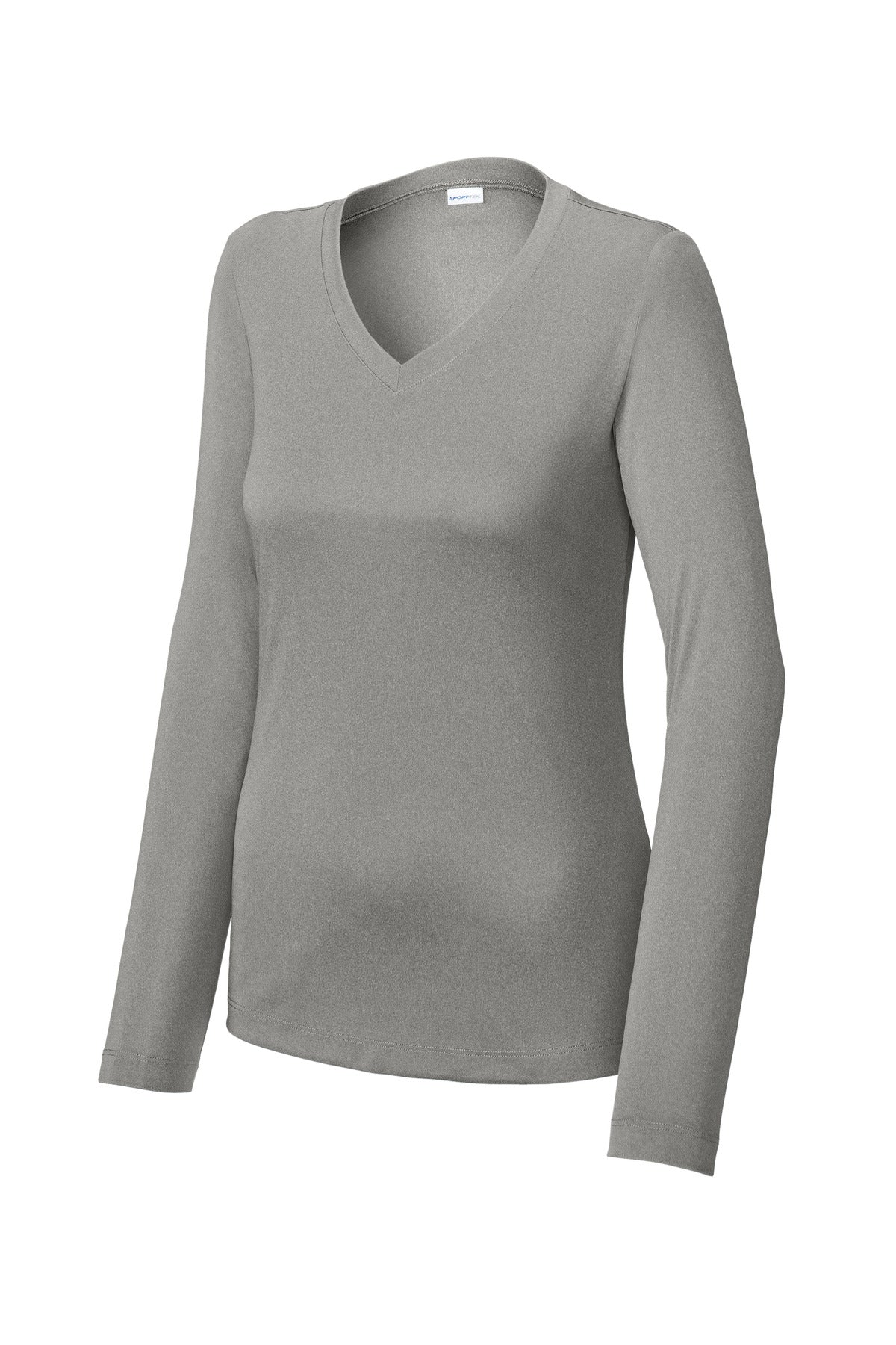 Front View of GryConHthr Sport-Tek Women's Long Sleeve PosiCharge Competitor V-Neck Tee. LST353LS