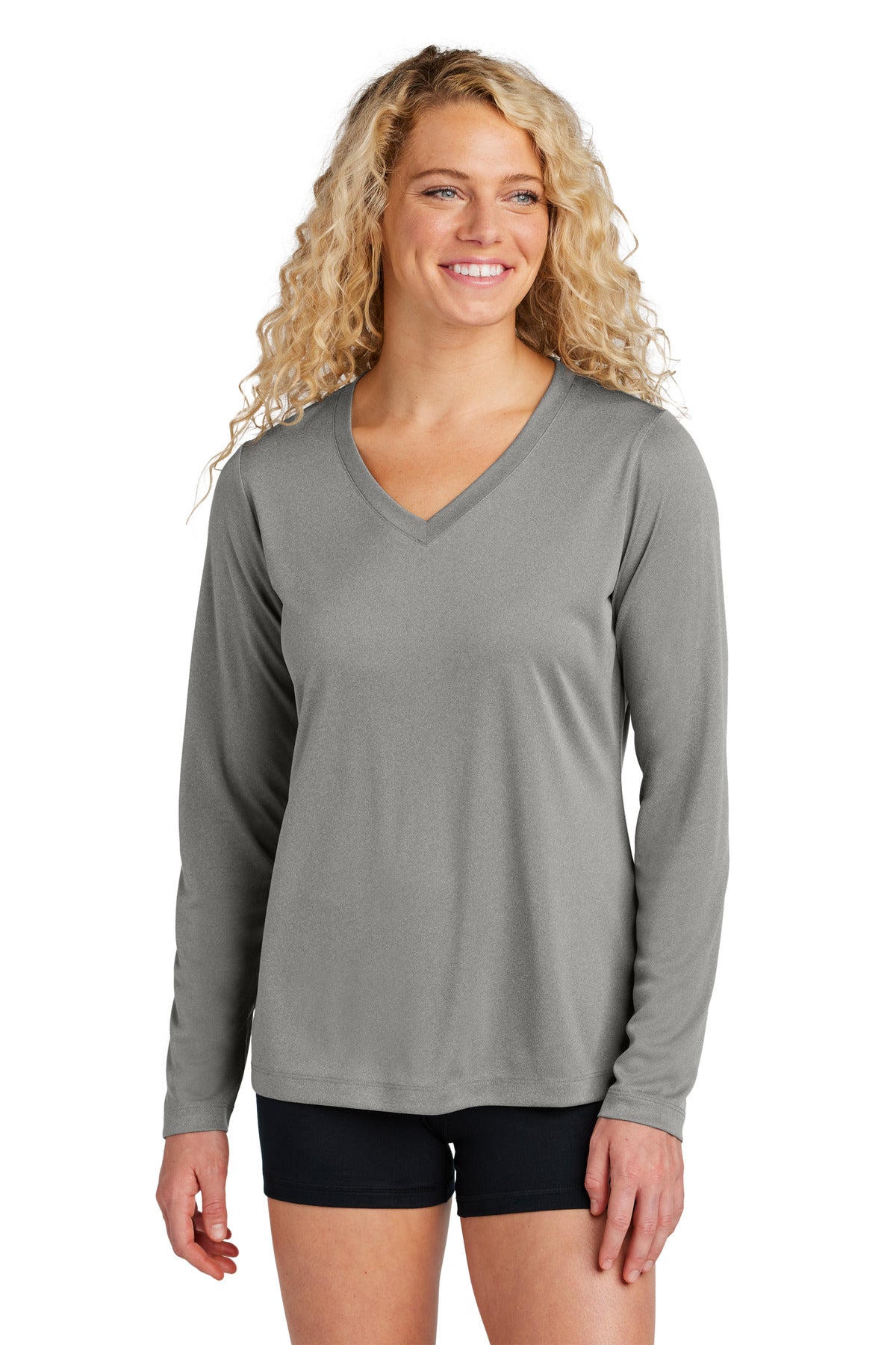 Front View of GryConHthr Sport-Tek Women's Long Sleeve PosiCharge Competitor V-Neck Tee. LST353LS