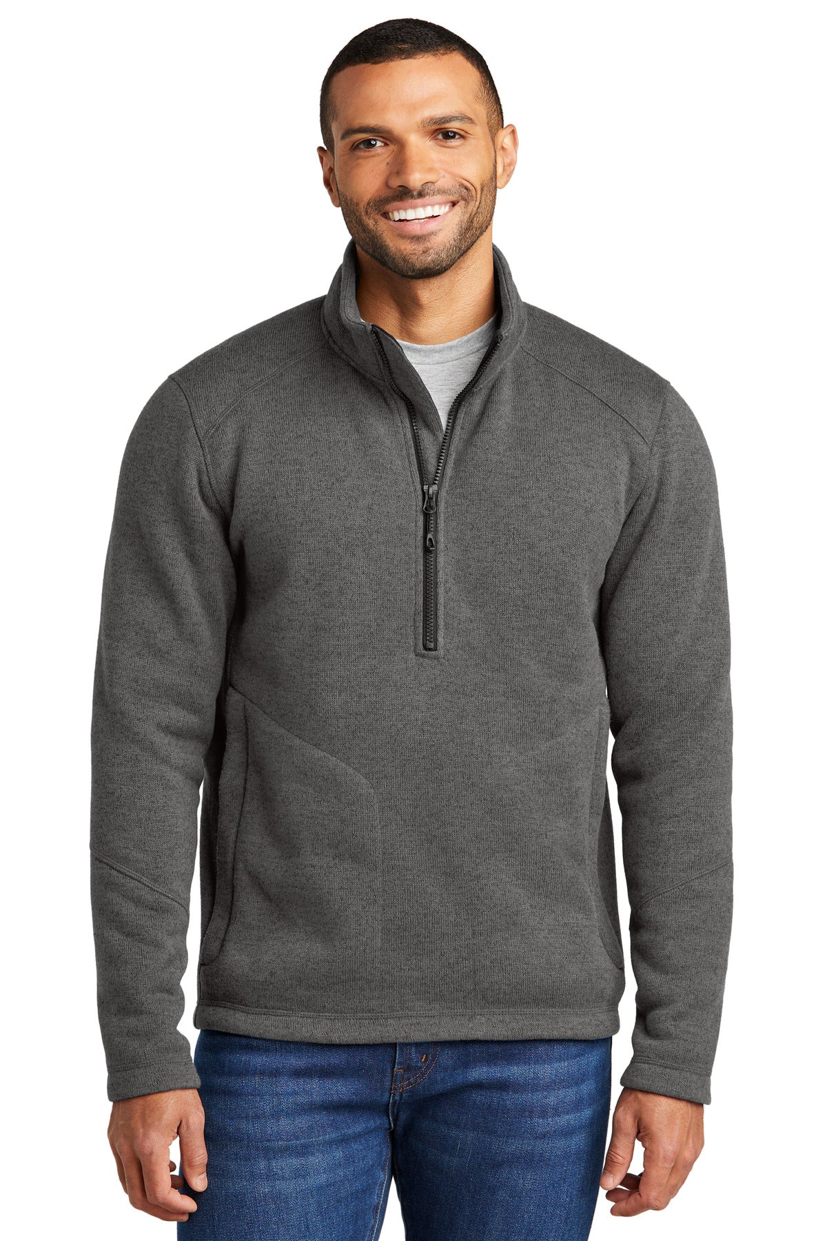 Front View of GrySmkHthr Port Authority Arc Sweater Fleece 1/4-Zip F426