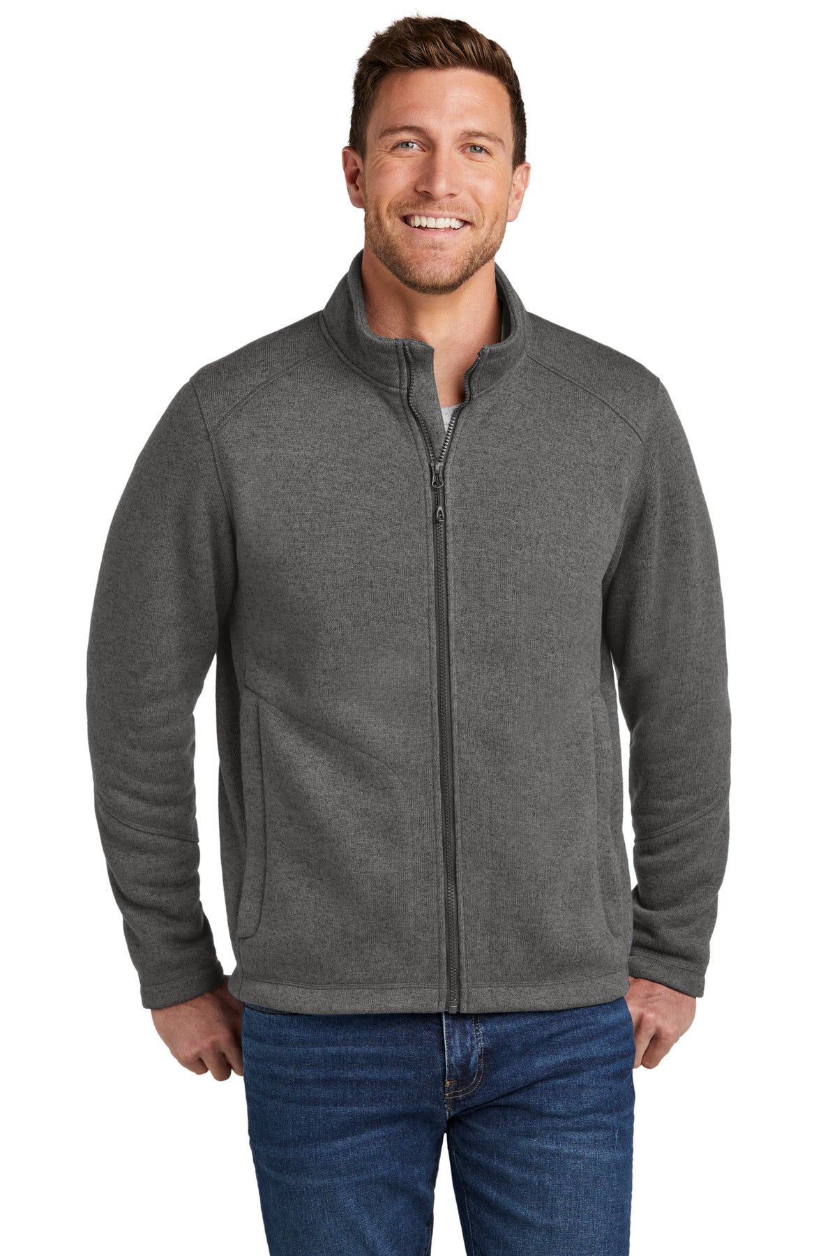 Front View of GrySmkHthr Port Authority Arc Sweater Fleece Jacket F428