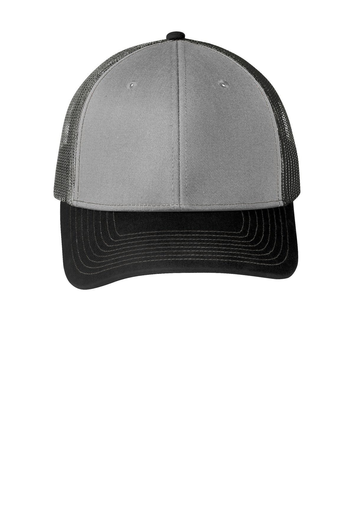 Front View of Gust Gy/Bk/GyS Port Authority Snapback Trucker Cap. C112