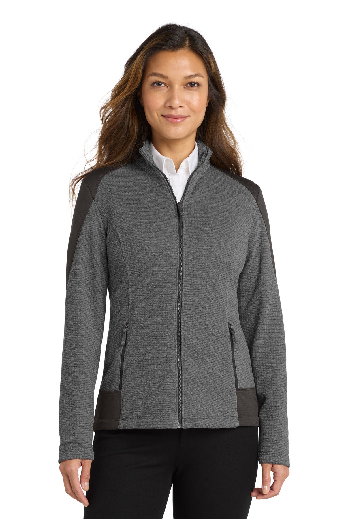 Front View of Gy Smk H/Gy Sm Port Authority Women's Grid Fleece Jacket. L239