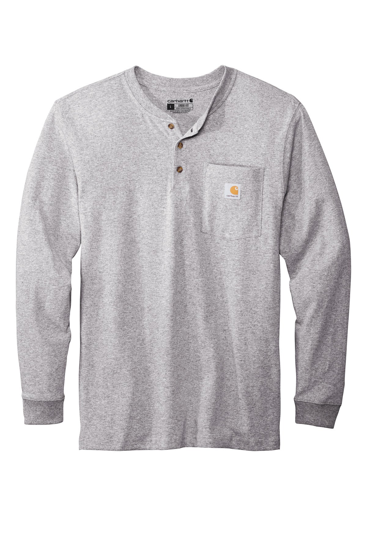 Front View of Heather Grey Carhartt Long Sleeve Henley T-Shirt CTK128