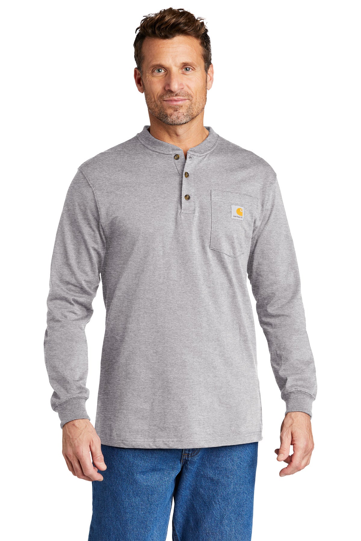 Front View of Heather Grey Carhartt Long Sleeve Henley T-Shirt CTK128