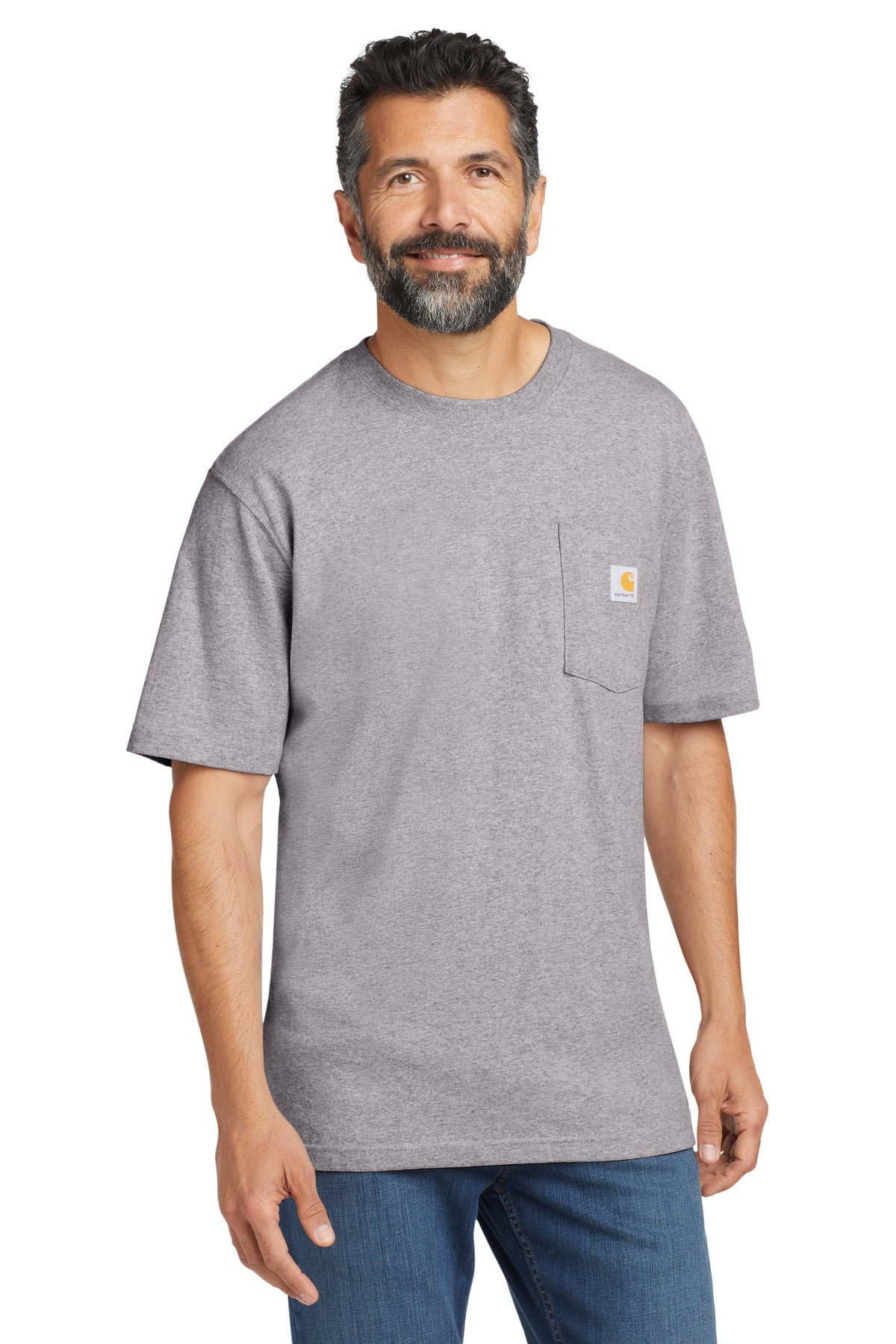 Front View of Heather Grey Carhartt Tall Workwear Pocket Short Sleeve T-Shirt. CTTK87