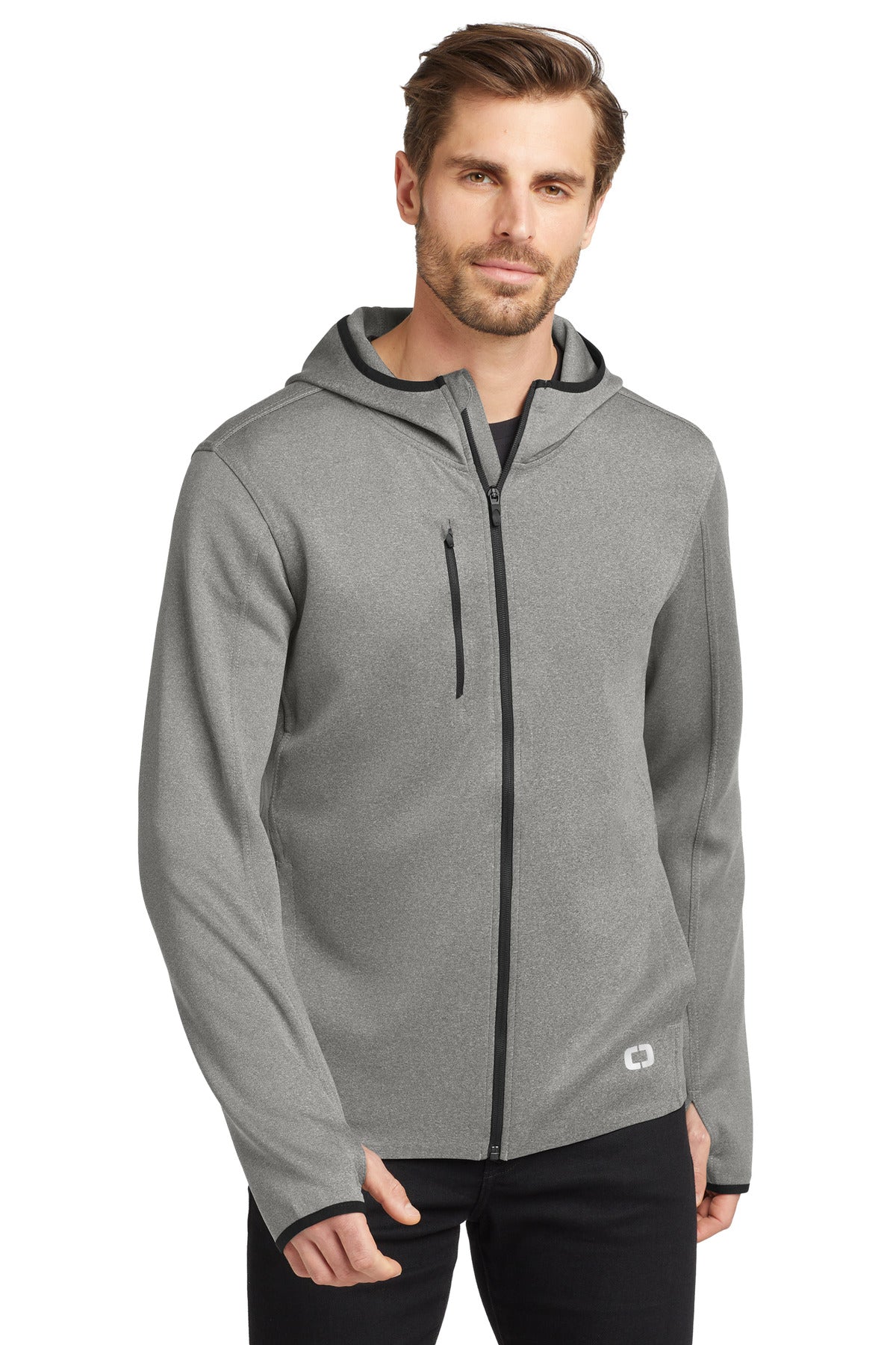 Front View of Heather Grey OGIO Stealth Full-Zip Jacket. OE728