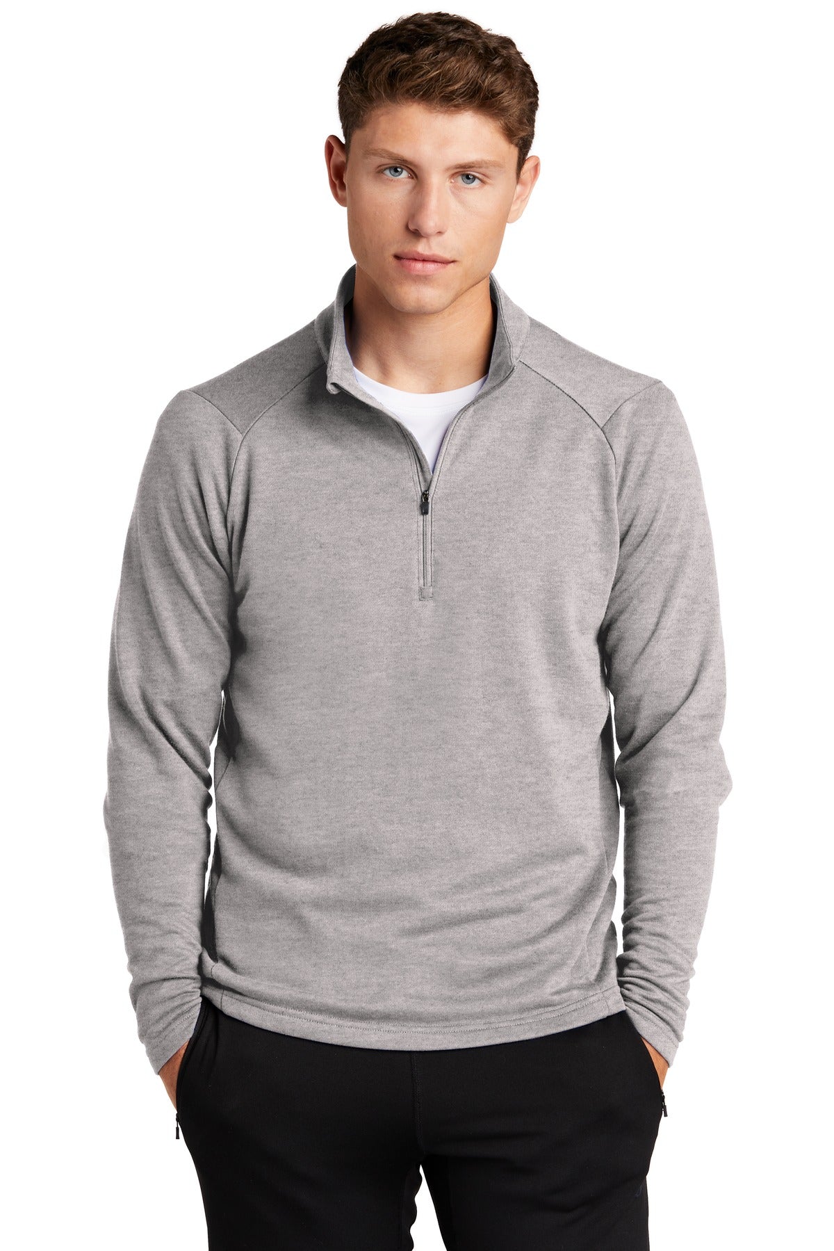 Front View of Heather Grey Sport-Tek Lightweight French Terry 1/4-Zip Pullover. ST273