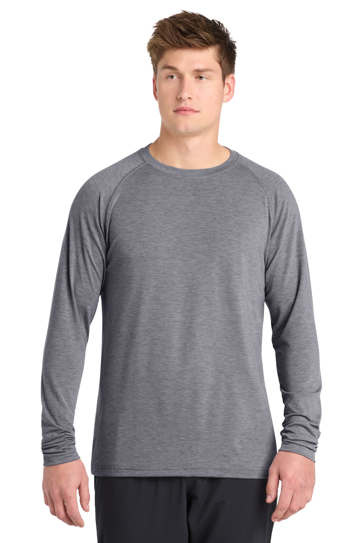 Front View of Heather Grey Sport-Tek Long Sleeve Ultimate Performance Crew. ST700LS