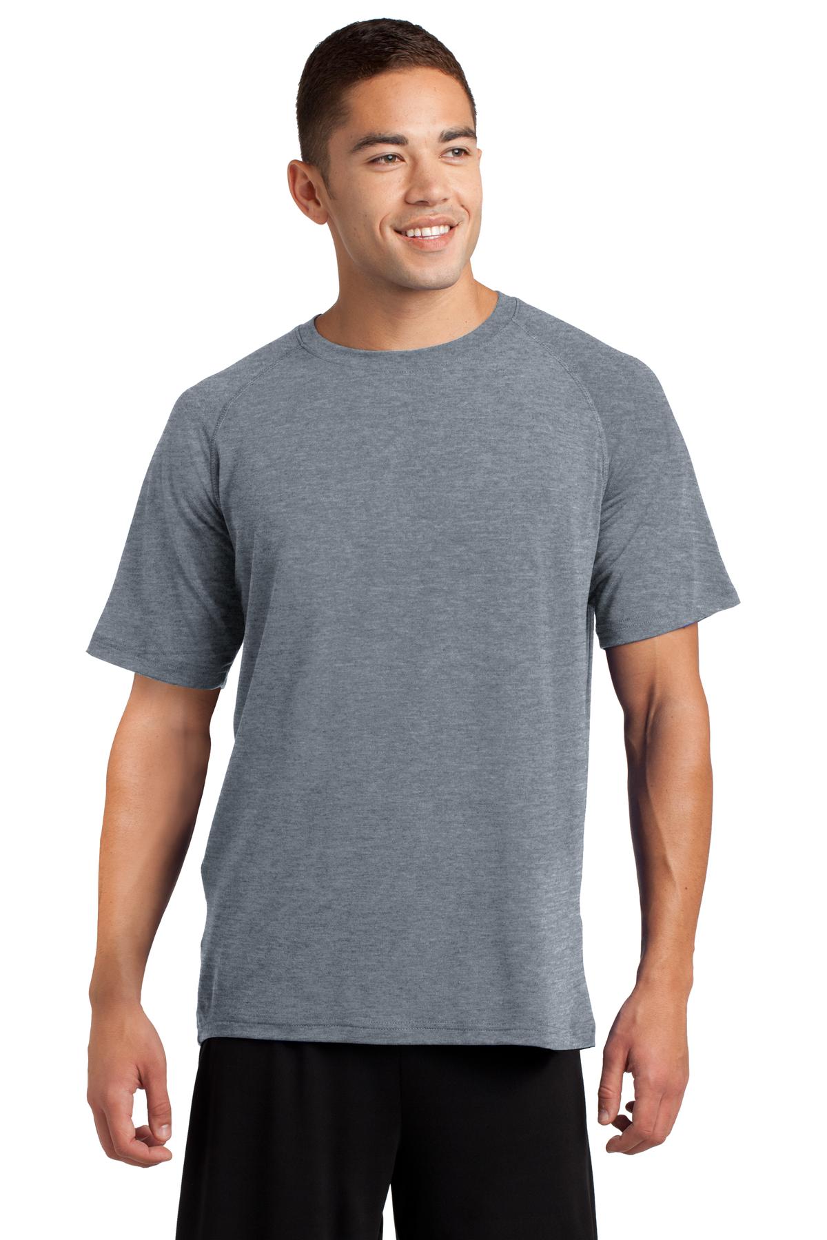 Front View of Heather Grey Sport-Tek Ultimate Performance Crew. ST700