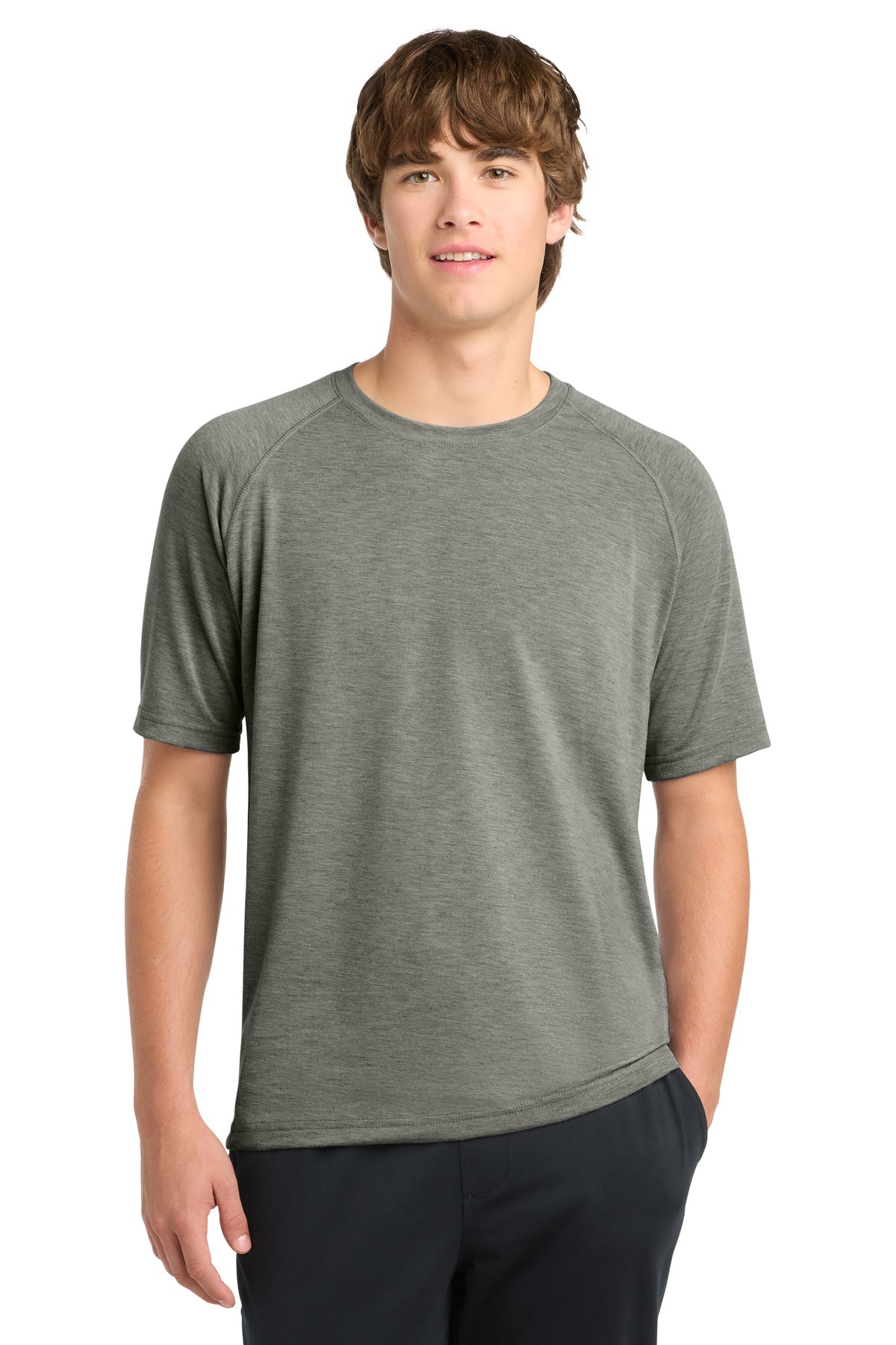 Front View of Heather Grey Sport-Tek Ultimate Performance Crew. ST700
