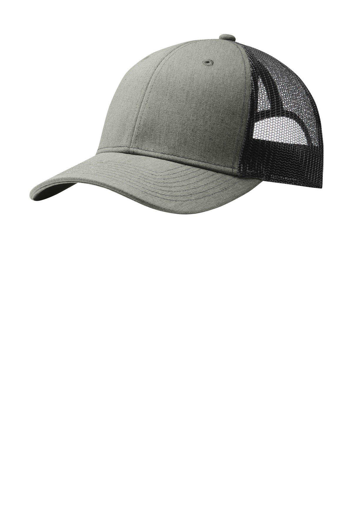 Front View of Heather Gry/Bk Port Authority Snapback Trucker Cap. C112